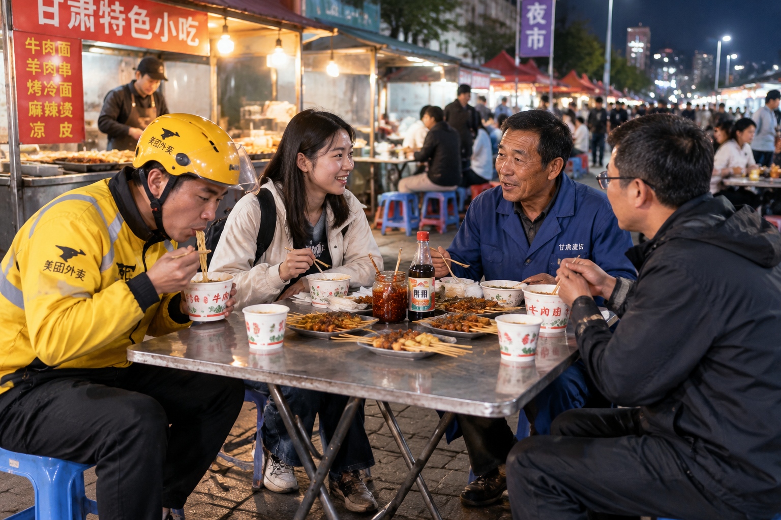 Gansu Night Markets: How Late-Night Stalls Connect Strangers 24 Strangers sharing a folding table and a jar of chili oil at a Lanzhou night market around 1 a.m.