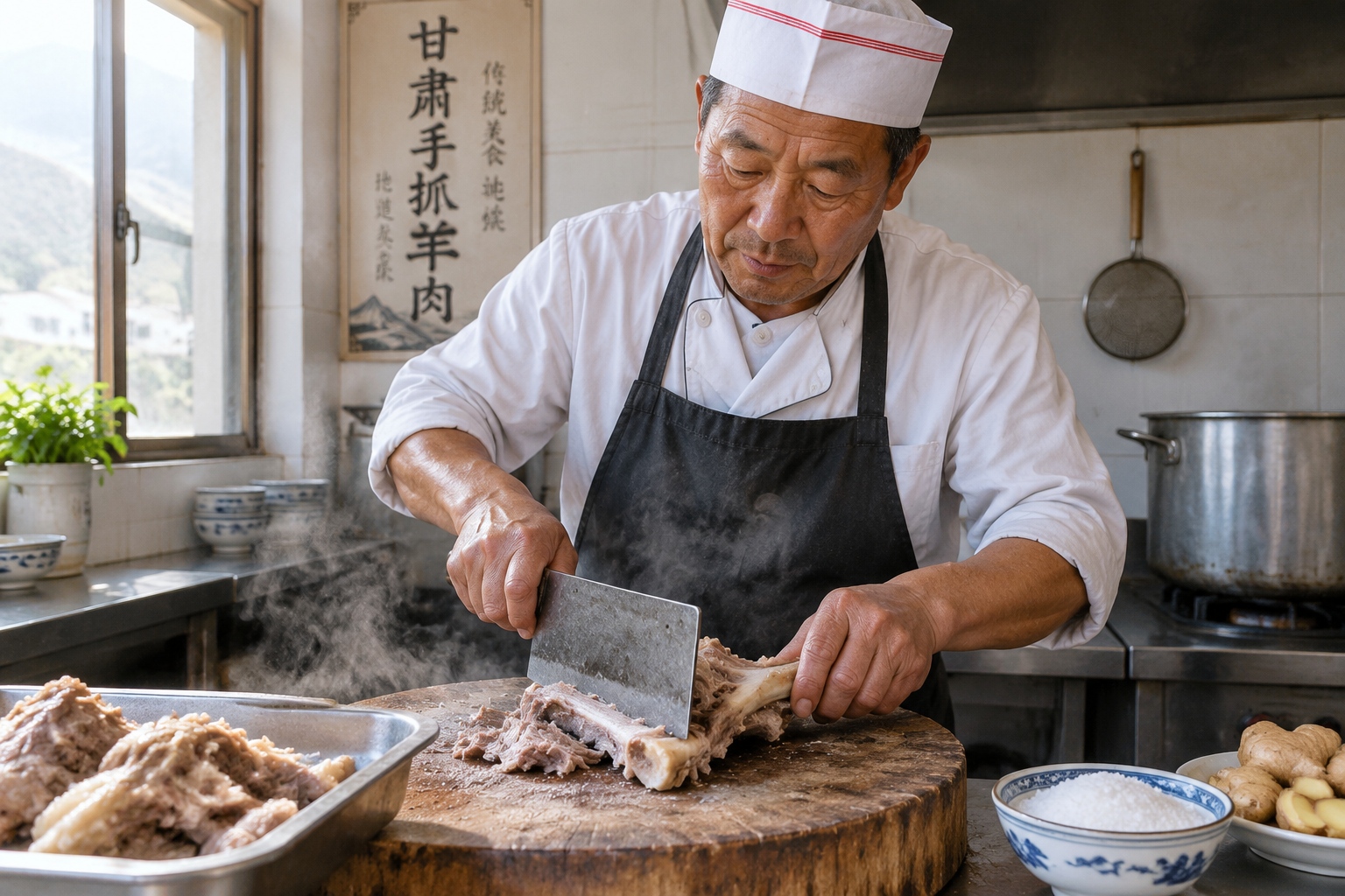 An older chef in Gansu cutting boiled mutton along the bone on a wooden board in a small restaurant kitchen.
