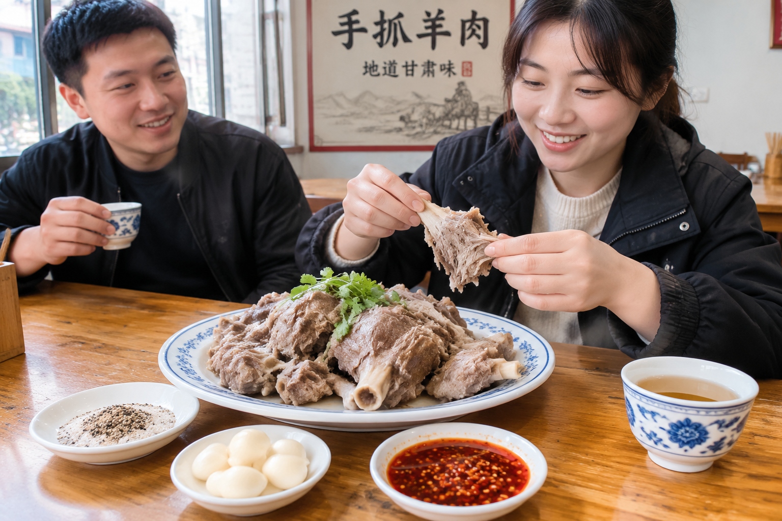 A plate of hand-torn mutton with salt, garlic, chili oil, and tea on a simple table in a Gansu restaurant.