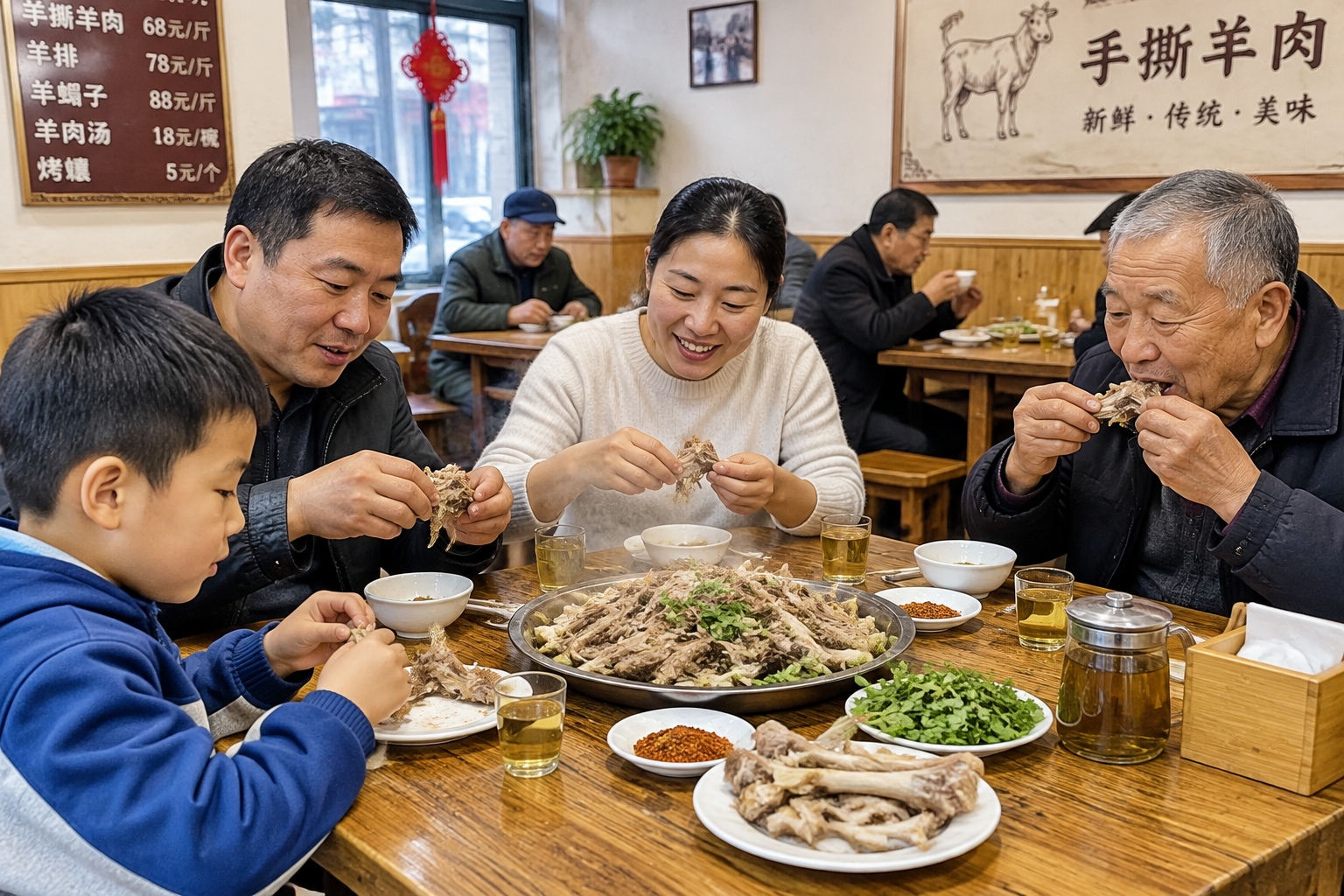 Families and regular customers eating hand-torn mutton with their hands at wooden tables in a small Gansu restaurant.