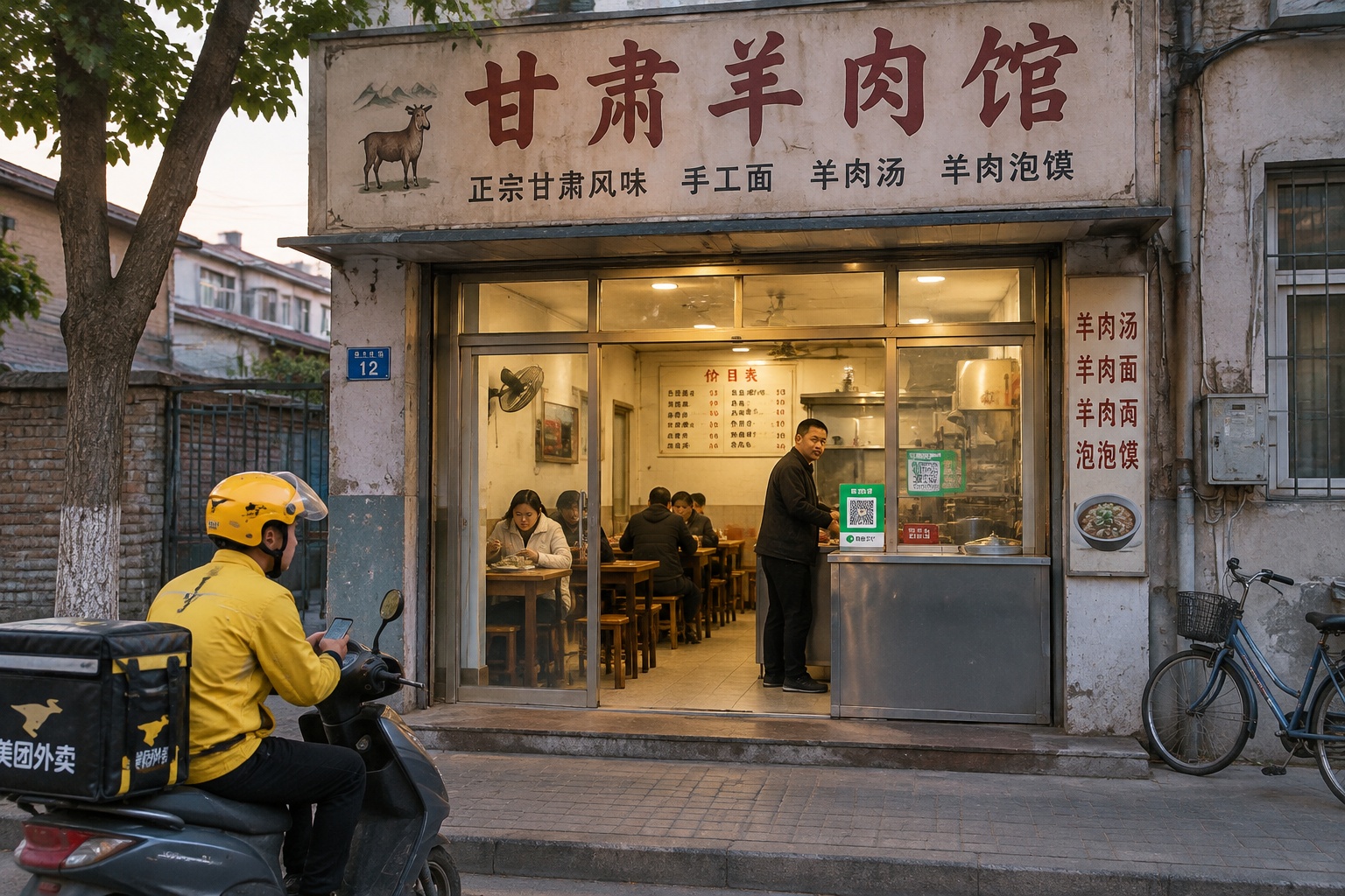A small hand-torn mutton restaurant storefront at dusk in Gansu, with a delivery rider waiting outside and warm light inside.
