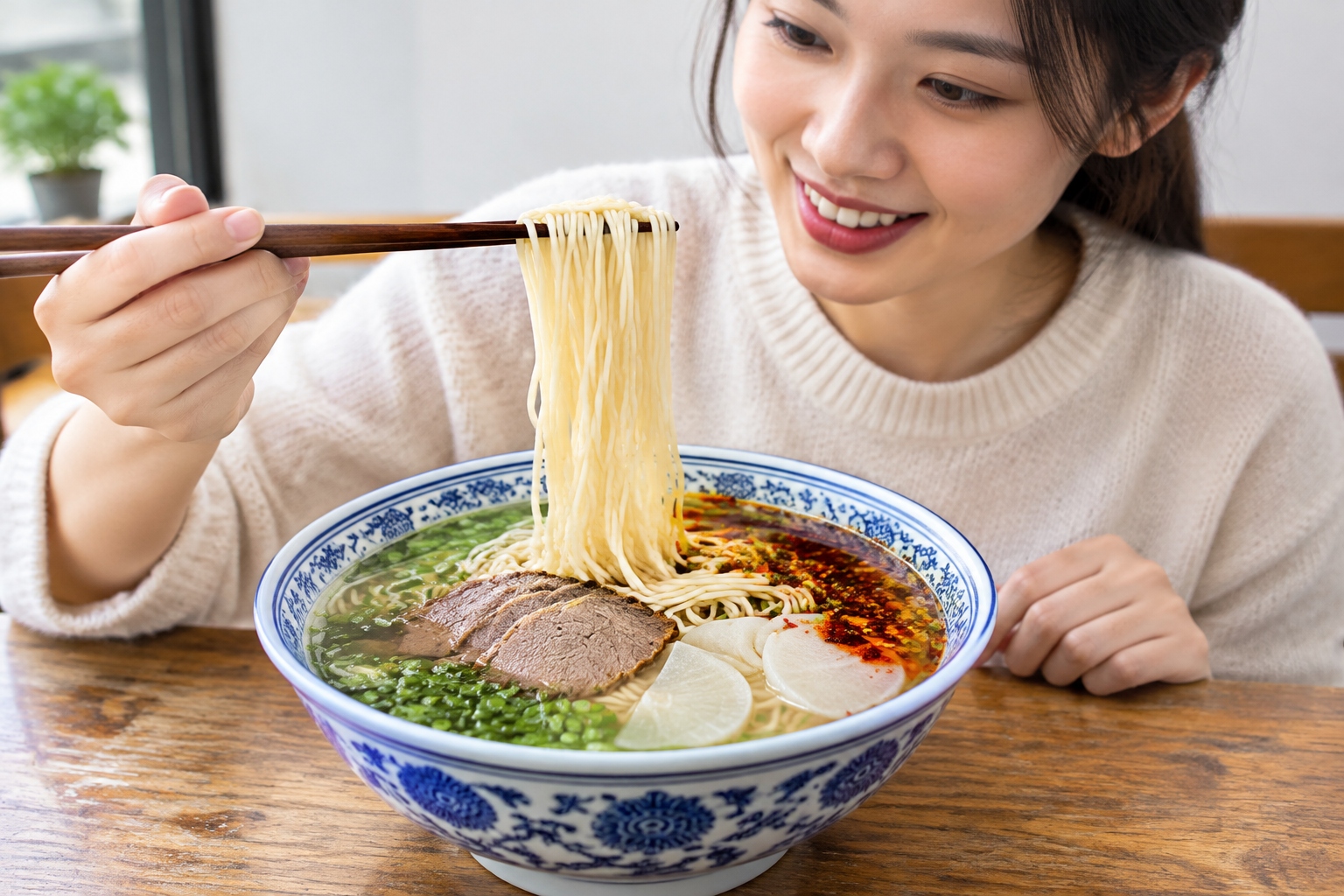 A bowl of Lanzhou beef noodles with clear broth, red chili oil, and green garlic sprouts on a wooden table