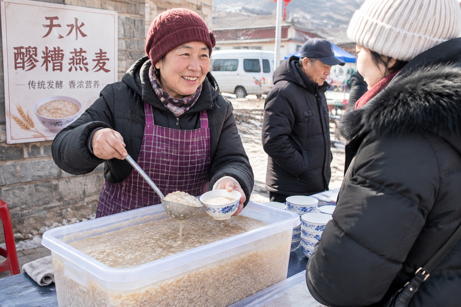 An older woman selling bowls of tainpei, fermented oats, from a street cart at a market in Gansu