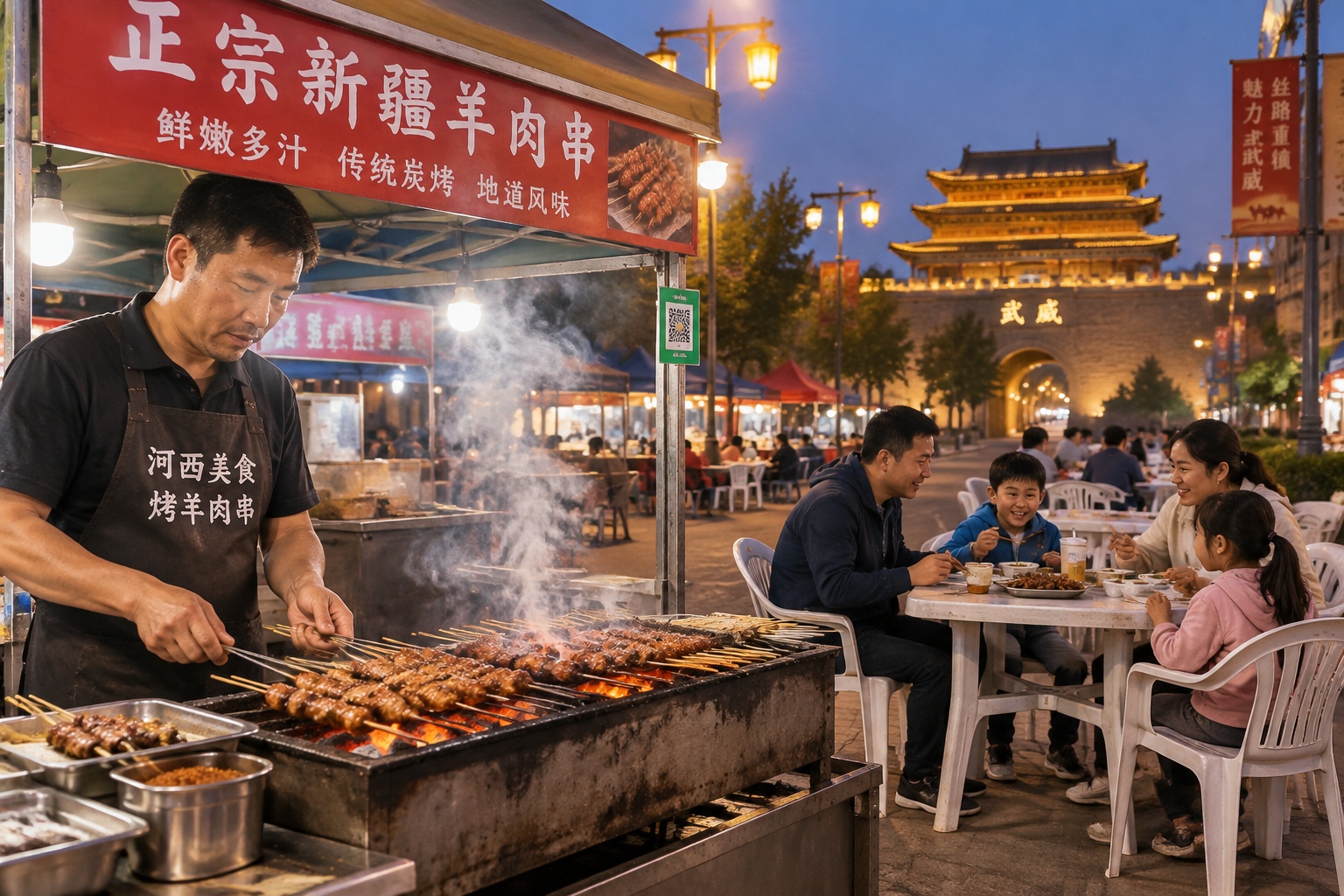 A night market in Gansu with lamb skewers grilling over charcoal and families eating at plastic tables