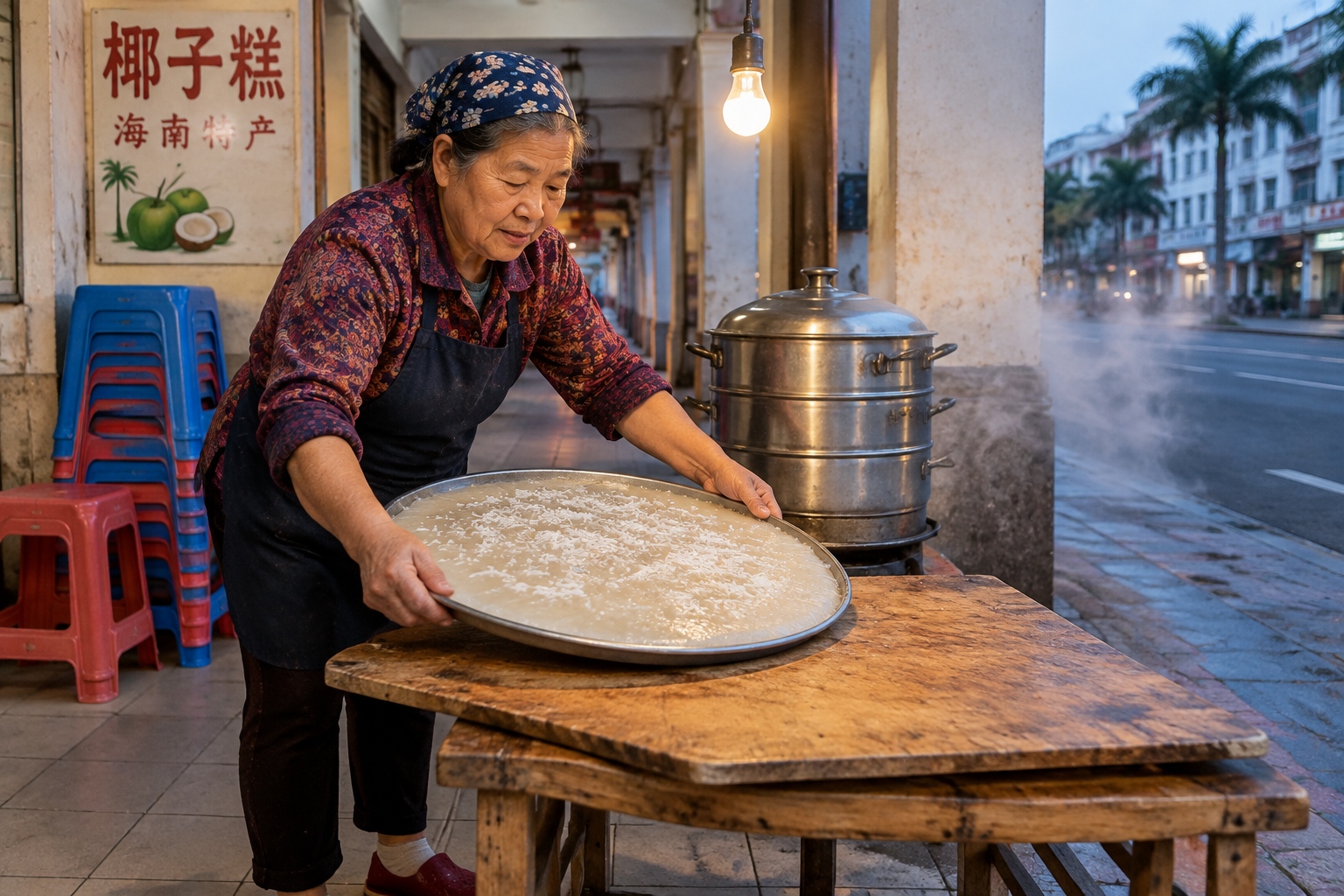 A street vendor in Haikou lifting a tray of pale coconut cake from a steamer under a covered arcade walkway before sunrise