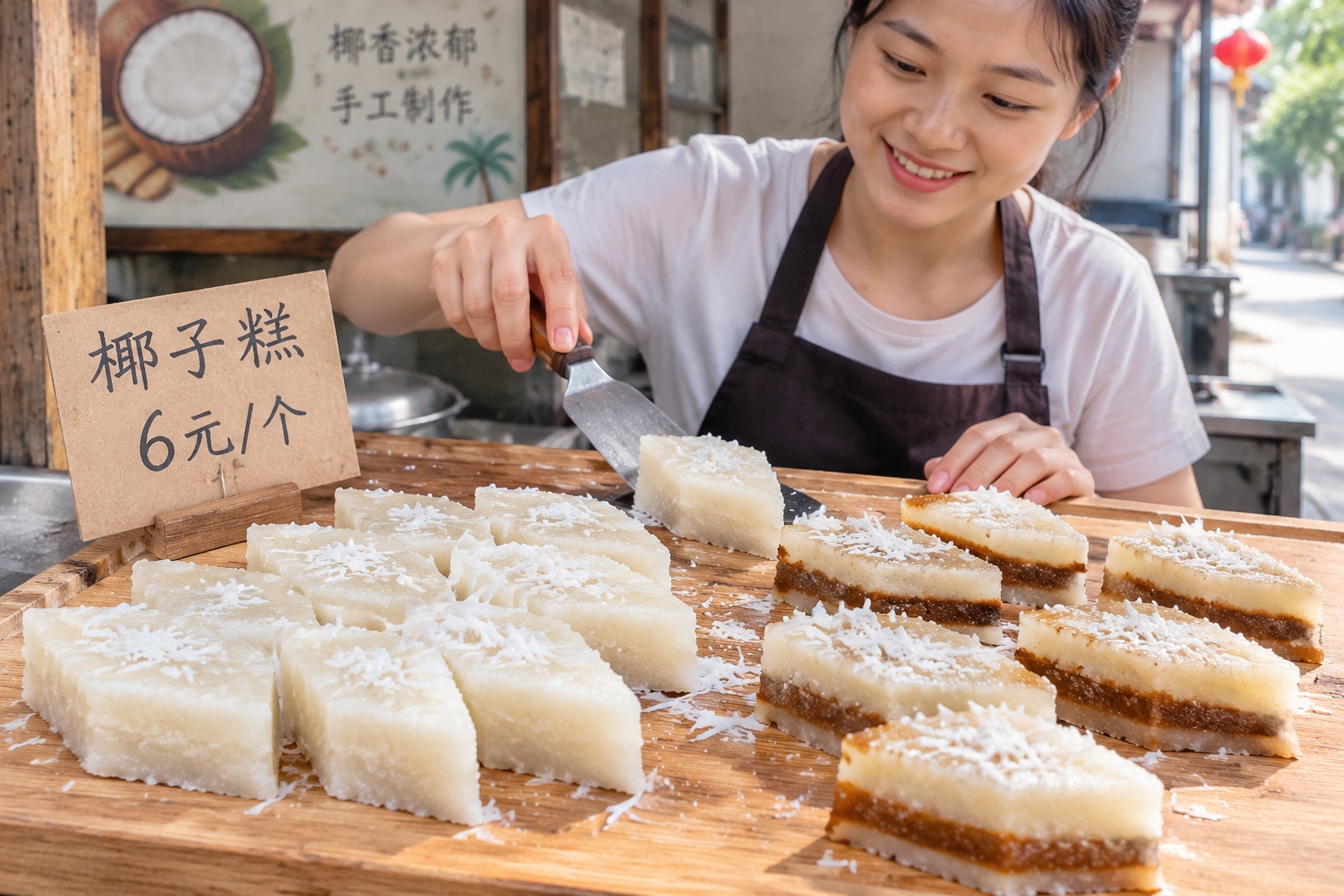 Diamond-shaped slices of translucent coconut milk cake with a brown palm sugar layer on a wooden board at a Haikou breakfast stall