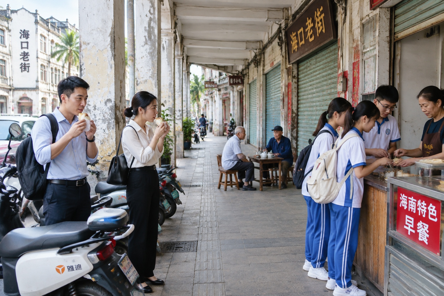 Office workers, students and elderly tea drinkers sharing a covered arcade pavement in Haikou during the morning breakfast rush