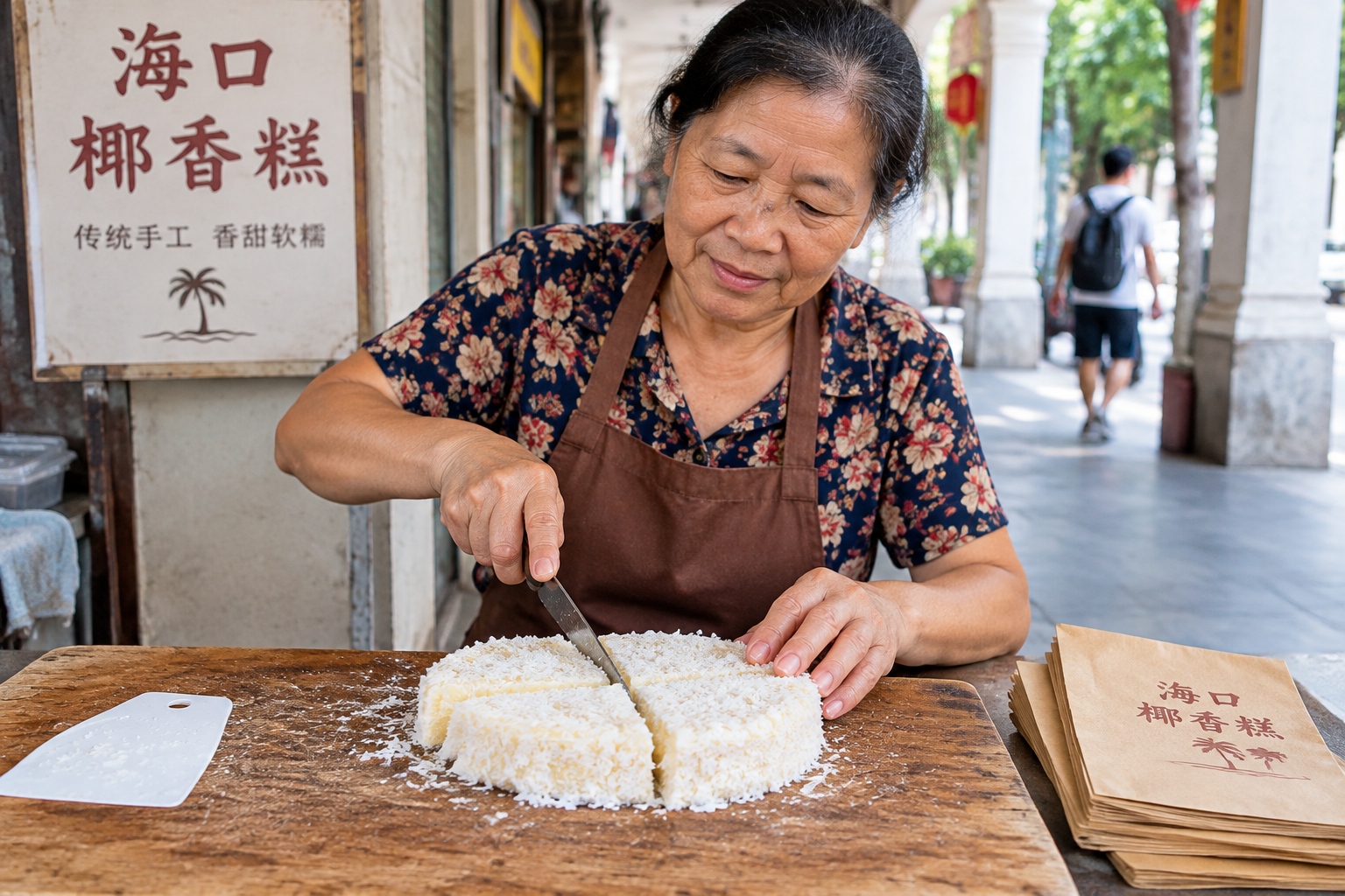 An older vendor's hands cutting the last pieces of coconut cake on a wooden board at a Haikou arcade breakfast stall