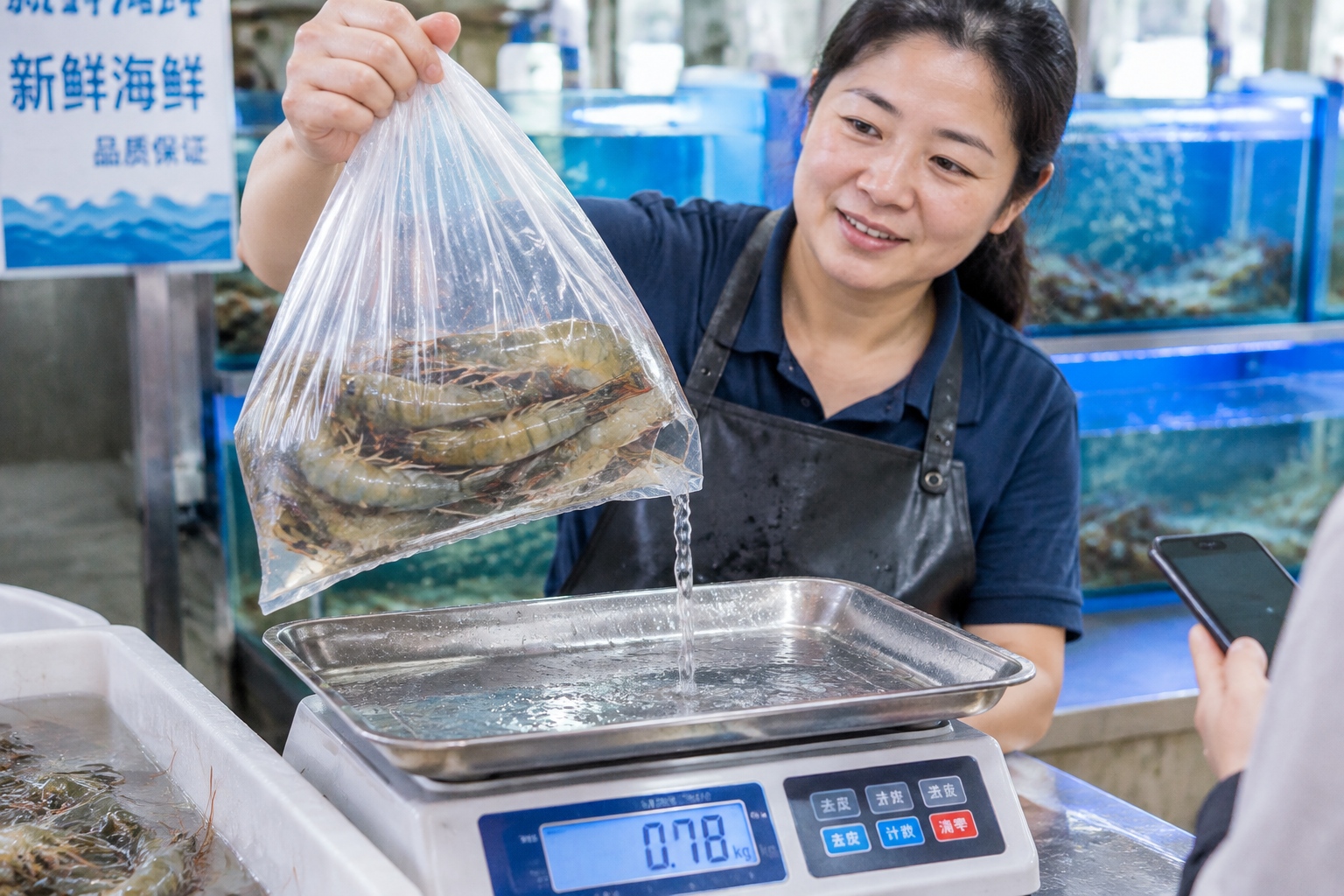 Vendor draining seawater from a plastic bag of prawns before weighing it on a digital scale