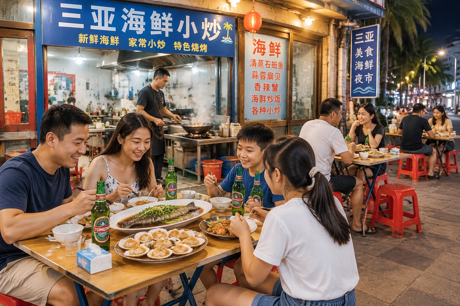 Diners eating steamed grouper and garlic scallops at pavement tables outside a Sanya seafood cooking shop