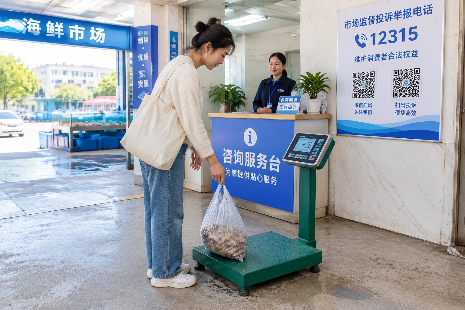 Customer reweighing a bag of seafood on the public fair scale at a market entrance in Sanya