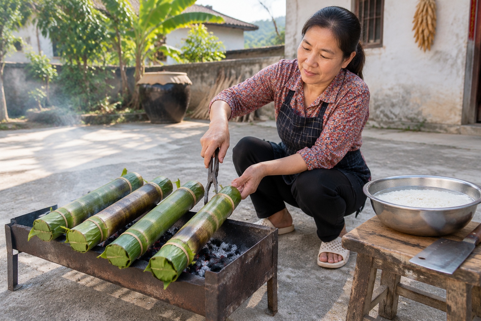 Green bamboo tubes of rice cooking over a charcoal brazier in a village courtyard in central Hainan