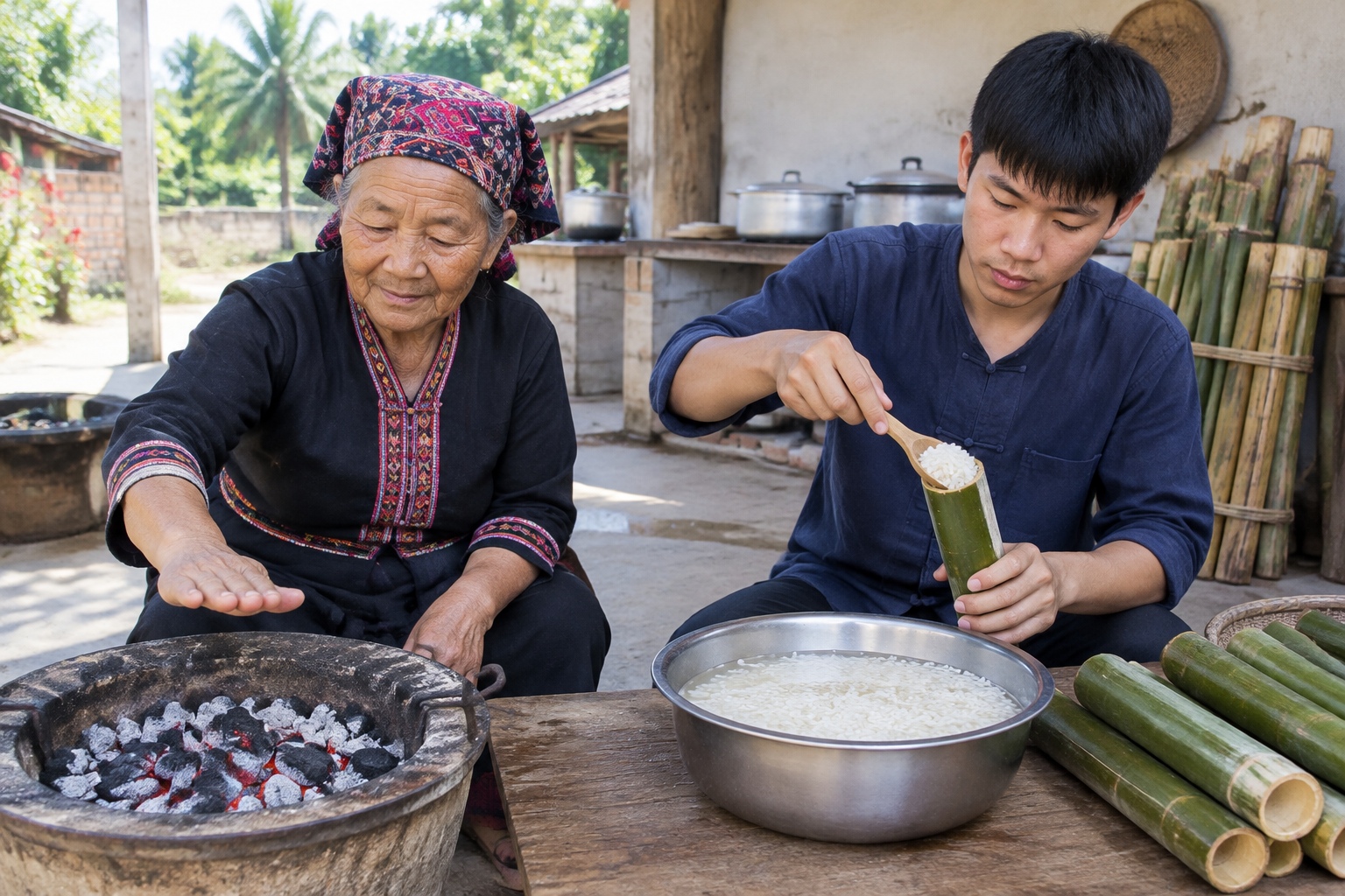 An elderly Li woman testing charcoal heat while a young helper fills bamboo tubes with rice in a Hainan village