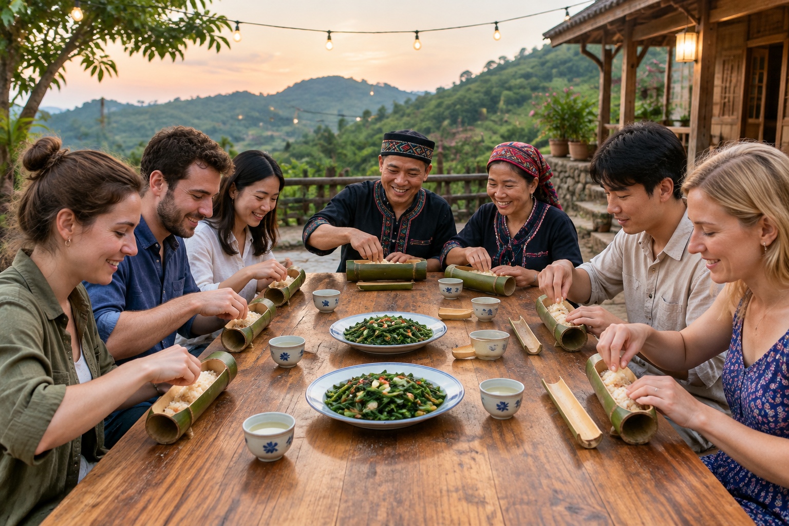 Guests and hosts eating bamboo rice with their fingers at a wooden table in a Hainan homestay courtyard