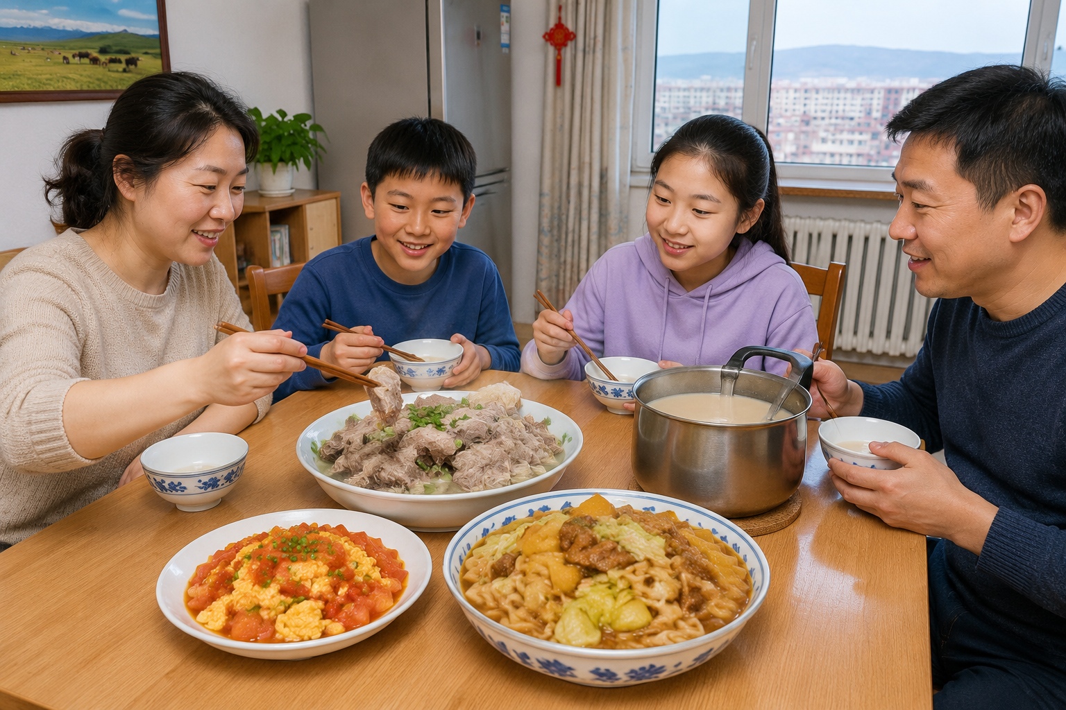 A Chinese Inner Mongolian family having a humble dinner at home in Hohhot, with boiled lamb, stir-fried vegetables, and braised noodles, showing everyday local cuisine.