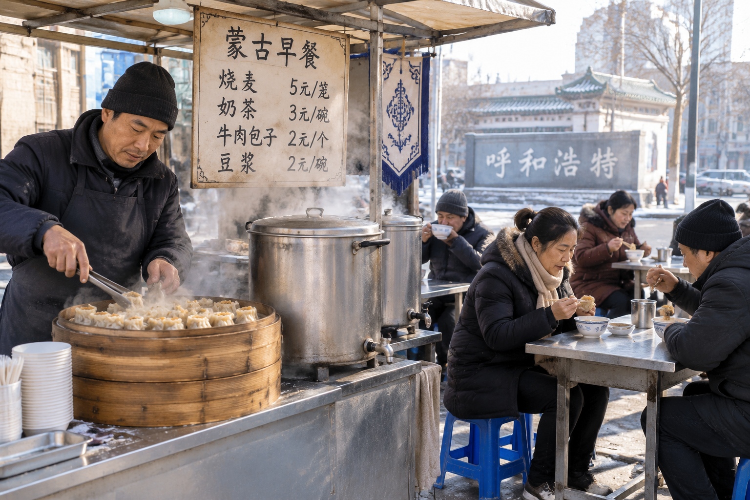 Morning street food scene in Hohhot, Inner Mongolia, with local residents eating sha mai and drinking milk tea at a simple stall, representing local food culture beyond tourist dishes.