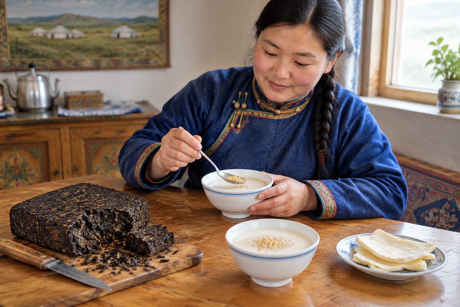 A broken brick of compressed dark tea, a knife and two bowls of hot salty milk tea with roasted millet on a wooden table in an Inner Mongolian home