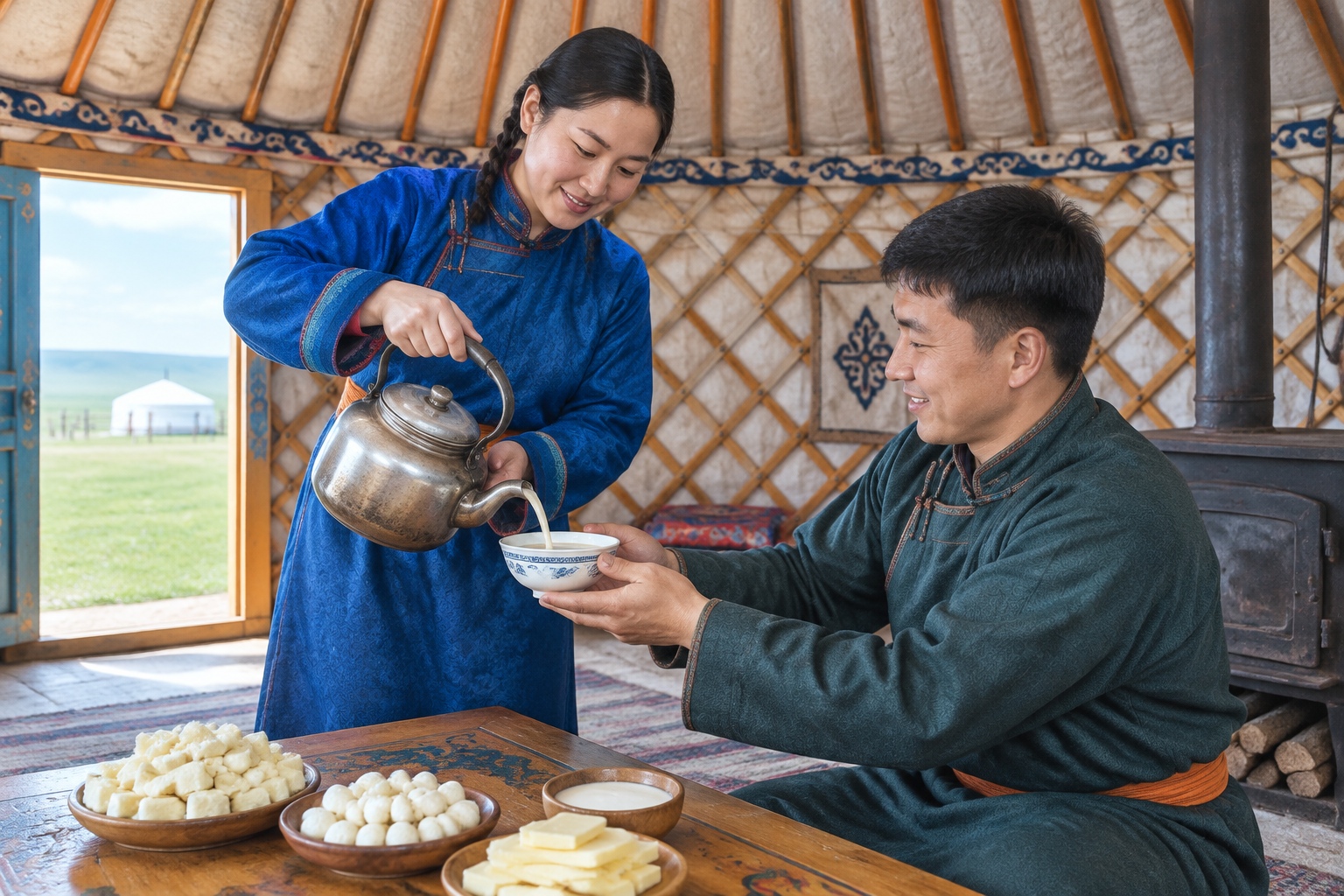 A host pouring hot milk tea into a guest's bowl with both hands inside a yurt on the Inner Mongolia grassland while the guest receives it with both hands