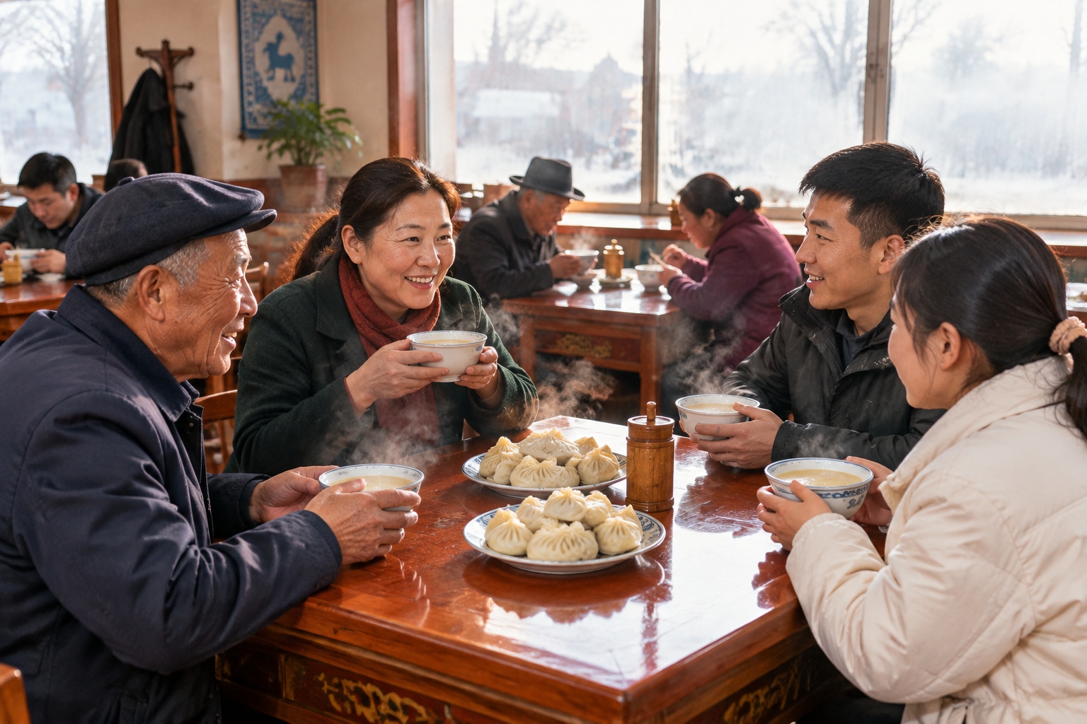 A busy breakfast milk tea house in Hohhot with bowls of salty milk tea, plates of lamb shaomai and fogged windows in morning light