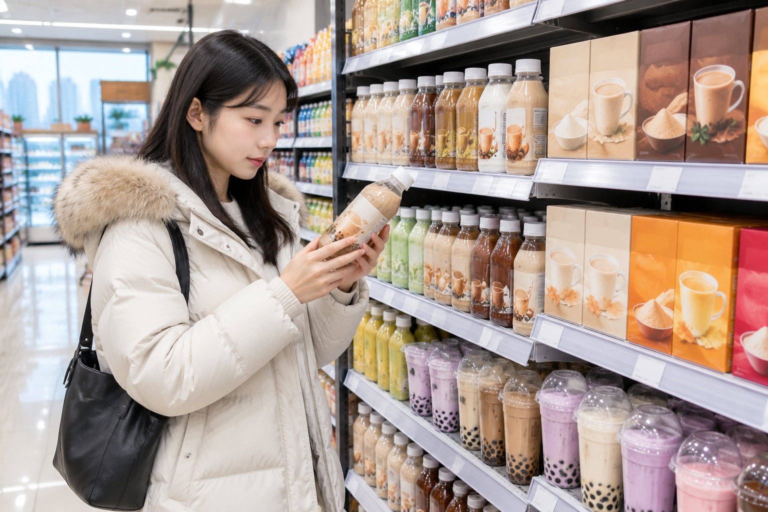 A shopper comparing bottled and instant milk tea products on a supermarket shelf in Hohhot beside sweet bubble tea options