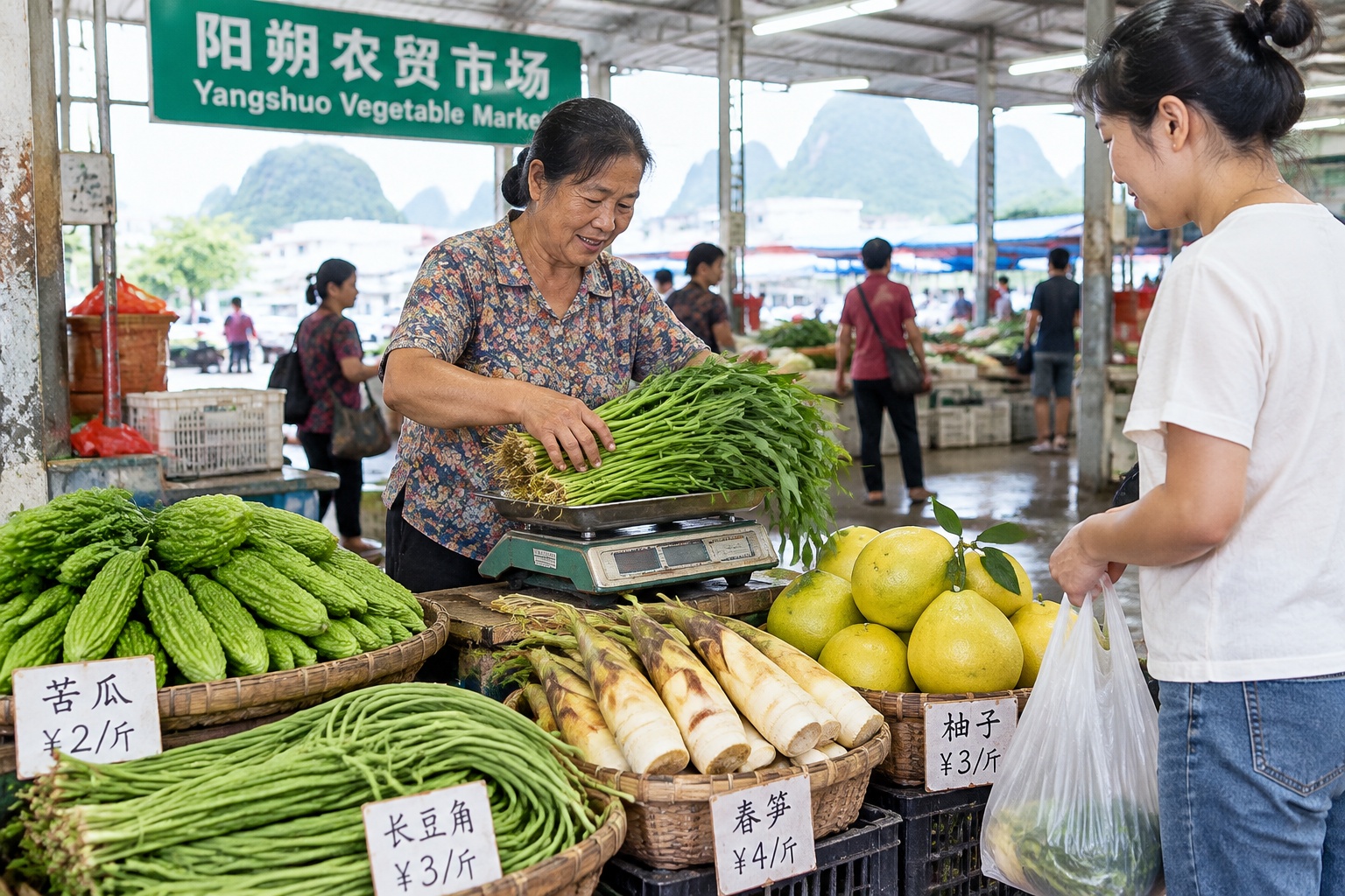 From Field to Table: The 'Hidden Menu' Tourists See in Yangshuo 22 An older woman farmer weighing fresh water spinach on a scale at a morning vegetable market in Yangshuo, China, surrounded by baskets of greens and bamboo shoots