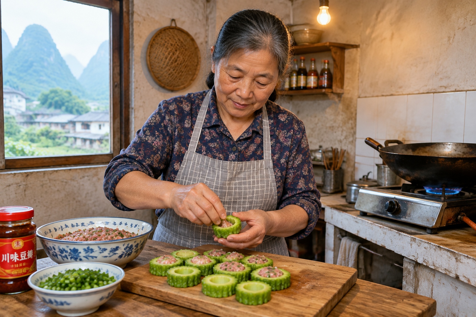 From Field to Table: The 'Hidden Menu' Tourists See in Yangshuo 23 A woman in a village kitchen in Yangshuo stuffing pork filling into hollowed bitter melon rings for niang cai, a traditional Guangxi home dish
