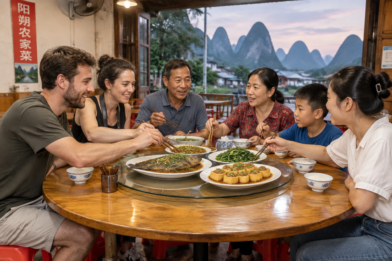 From Field to Table: The 'Hidden Menu' Tourists See in Yangshuo 25 Foreign tourists and a local Chinese family sharing a round-table dinner of river fish and stuffed vegetables at a village restaurant in Yangshuo, Guangxi