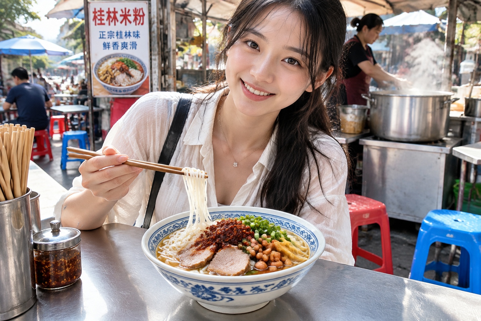 A bowl of Guilin rice noodles with pickled bamboo shoots, peanuts, scallions, and chili paste at a street stall in Guangxi, China