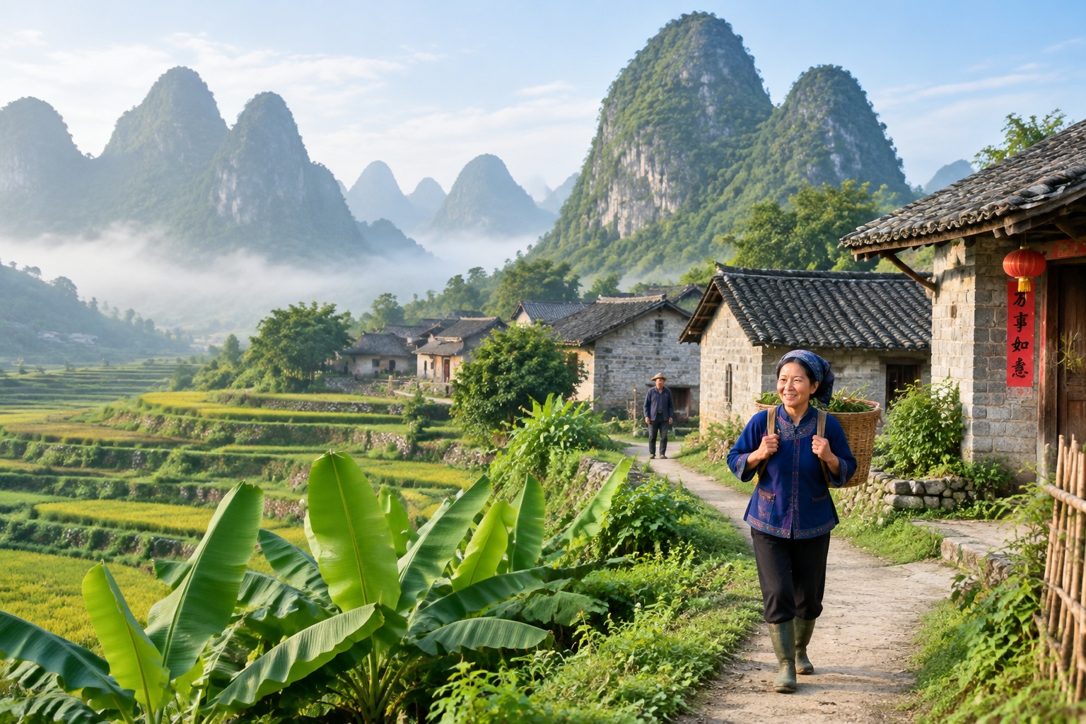 Karst mountains and a rural village in Guangxi, China, showing the subtropical landscape that shaped local fermentation and chili traditions