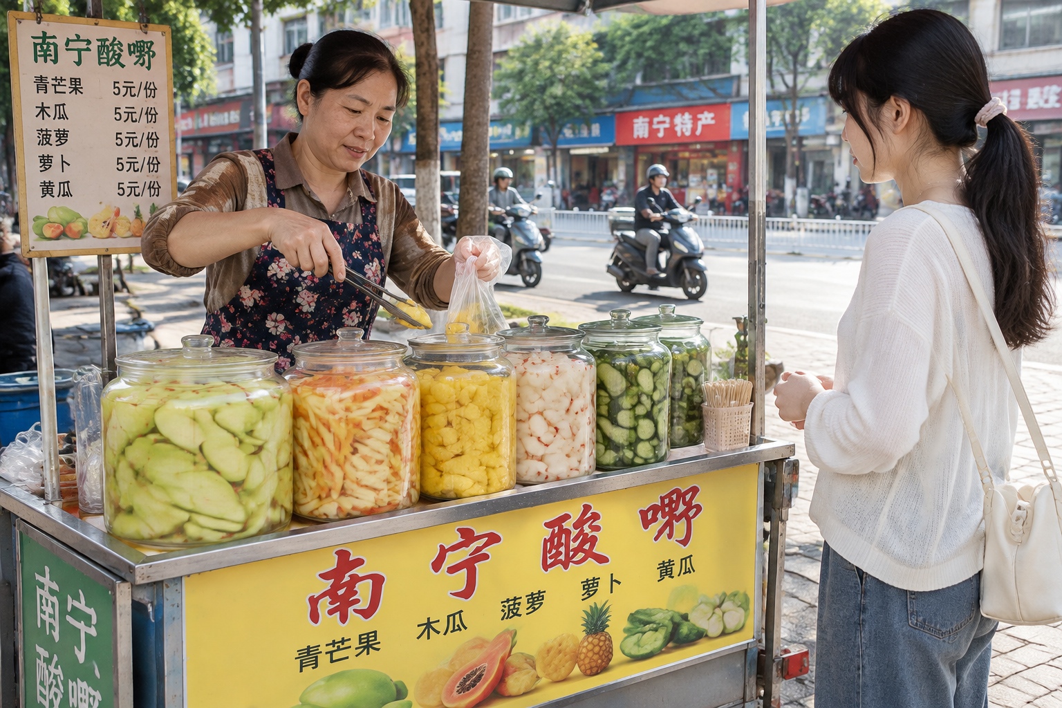 A street vendor in Nanning, Guangxi, selling pickled sour fruit and vegetables from glass jars on a cart