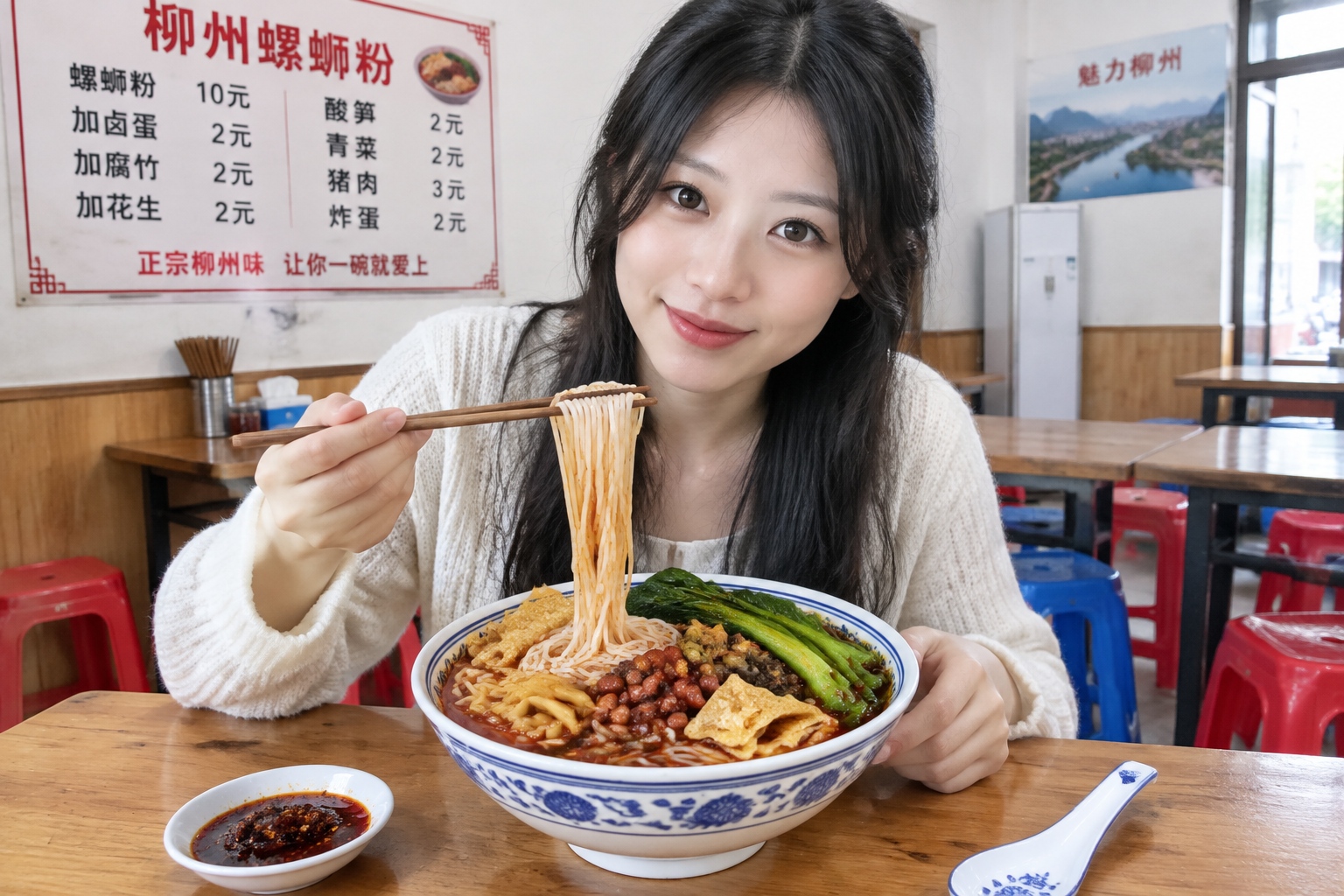 A bowl of Luosifen river snail rice noodles with pickled bamboo shoots and chili oil in Liuzhou, Guangxi, China