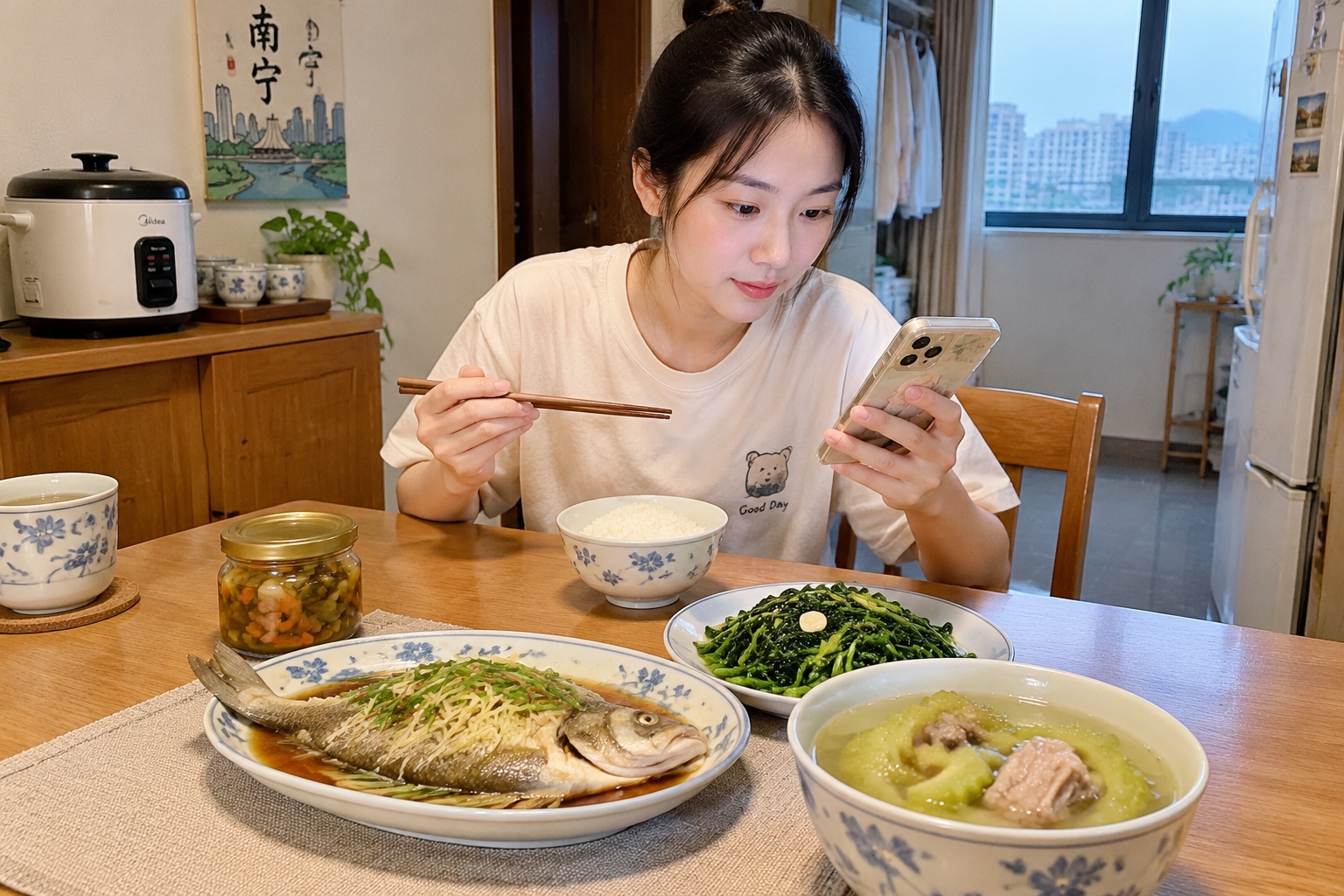 A young office worker in Nanning eating a home-cooked dinner with steamed fish, bitter melon soup, and pickled vegetables