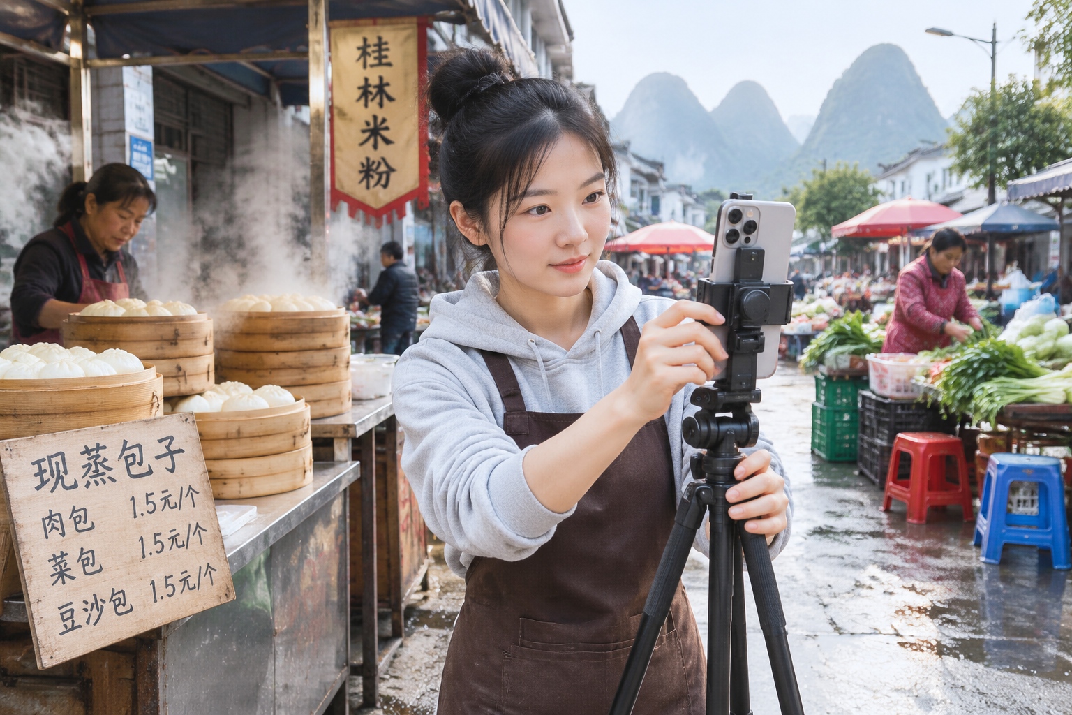 Young woman setting up a phone tripod outside a breakfast stall in a Guilin morning market