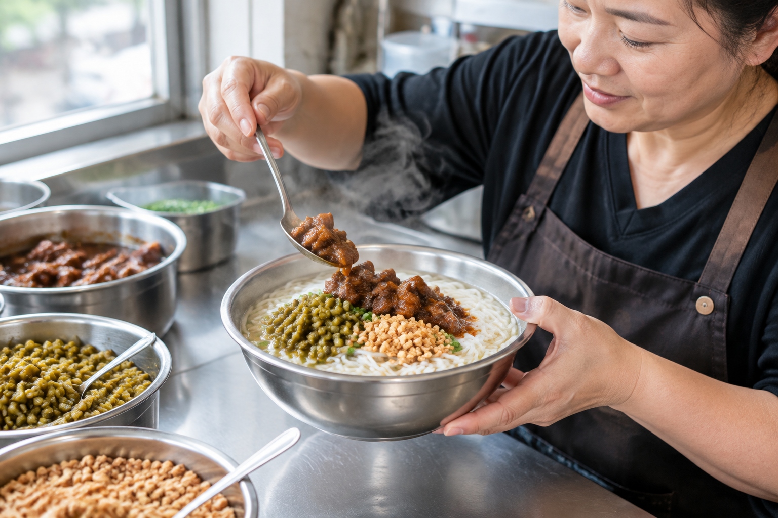 Close-up of hands adding pickled beans and peanuts to a bowl of Guilin rice noodles