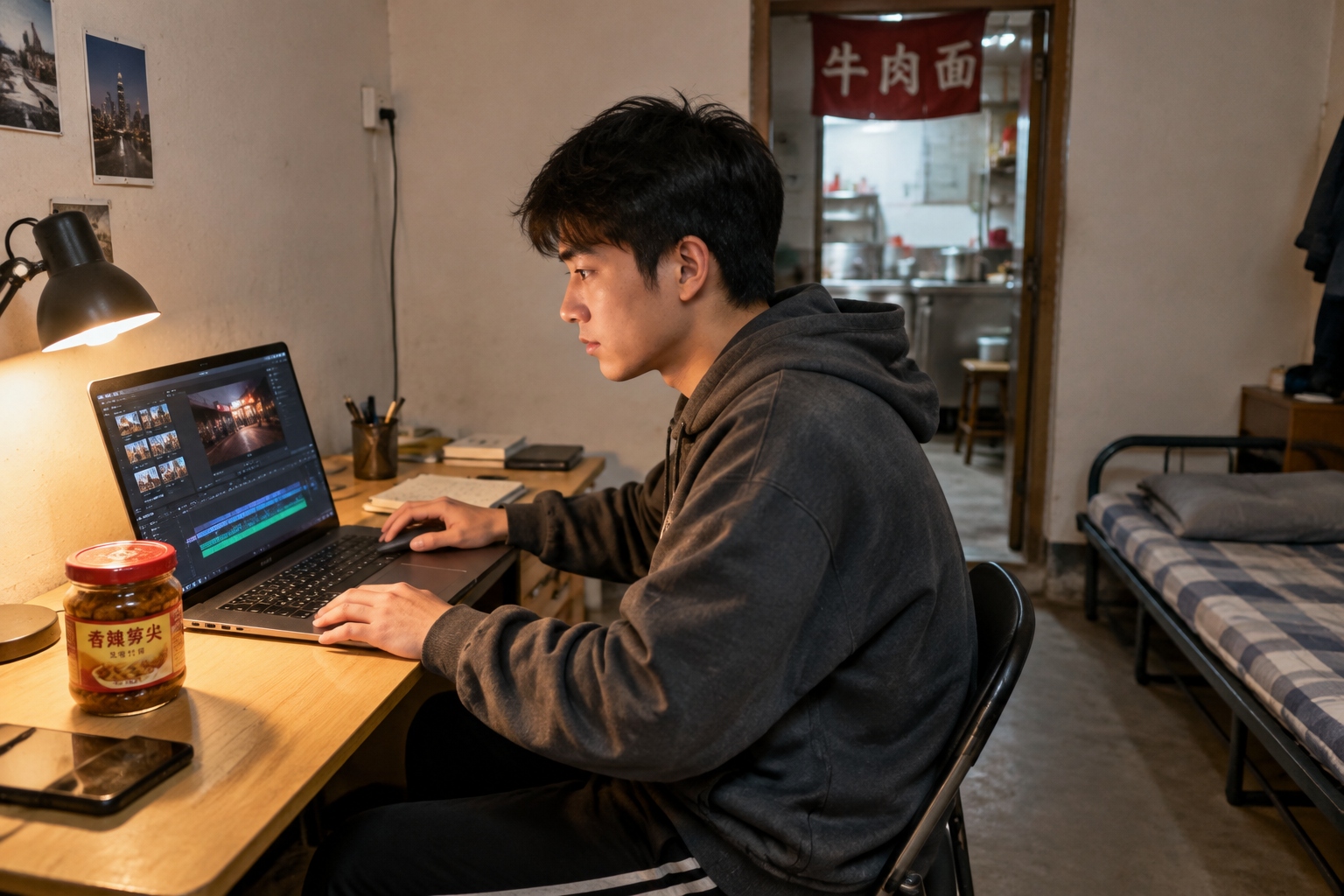 Young man editing a food video on a laptop in the back room of his noodle shop late at night