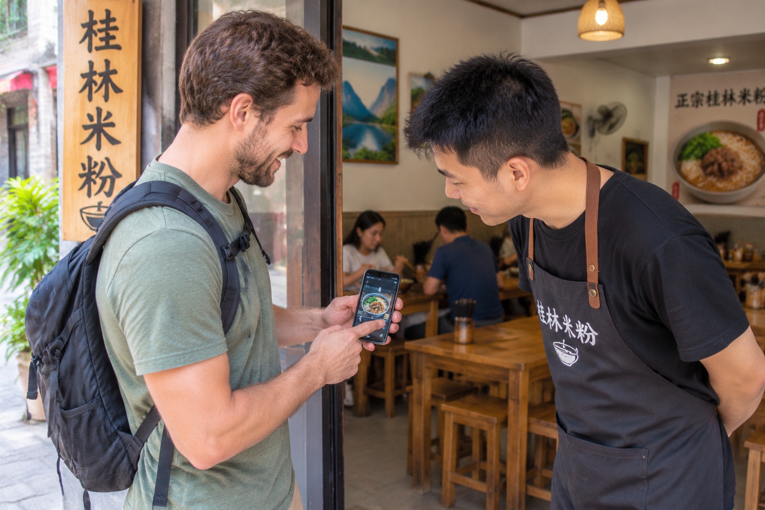 Foreign tourist showing a food video on his phone to a young noodle shop owner in Guilin