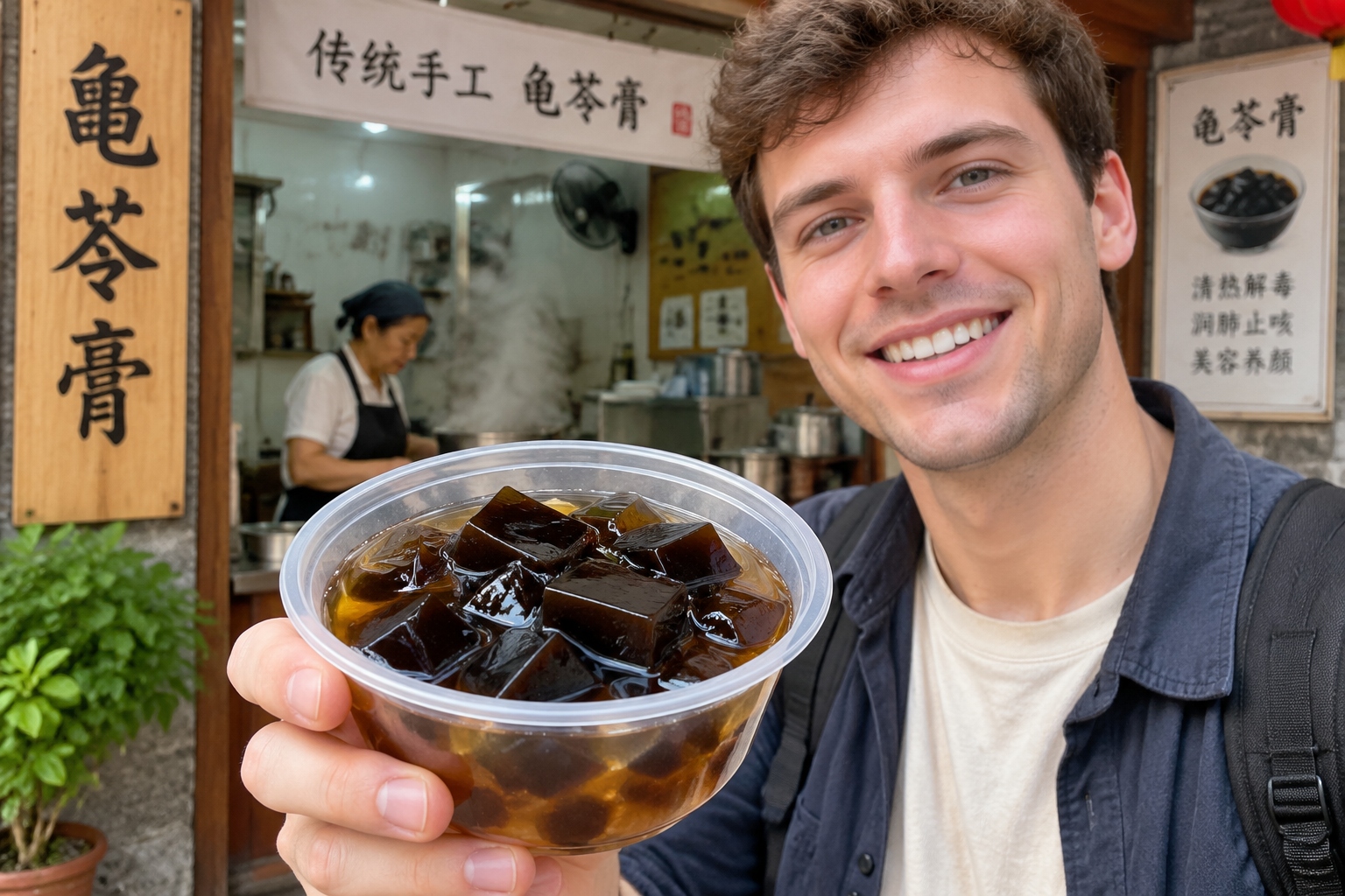 A close-up of a foreign visitor holding a bowl of traditional Chinese Guilinggao dessert with dark jelly cubes and syrup in Wuzhou