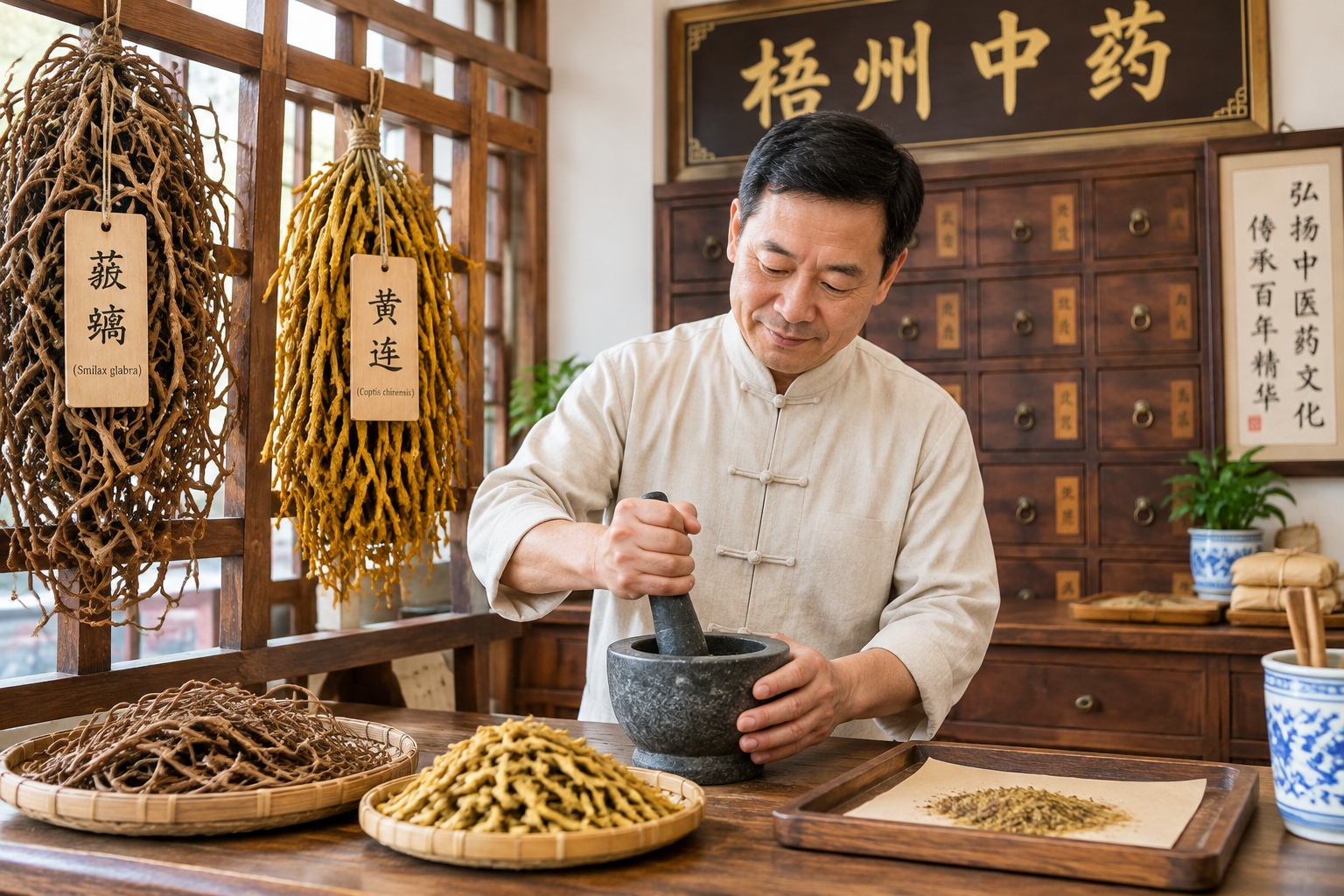 Traditional Chinese herbal pharmacy in Wuzhou showing raw ingredients used to make Guilinggao