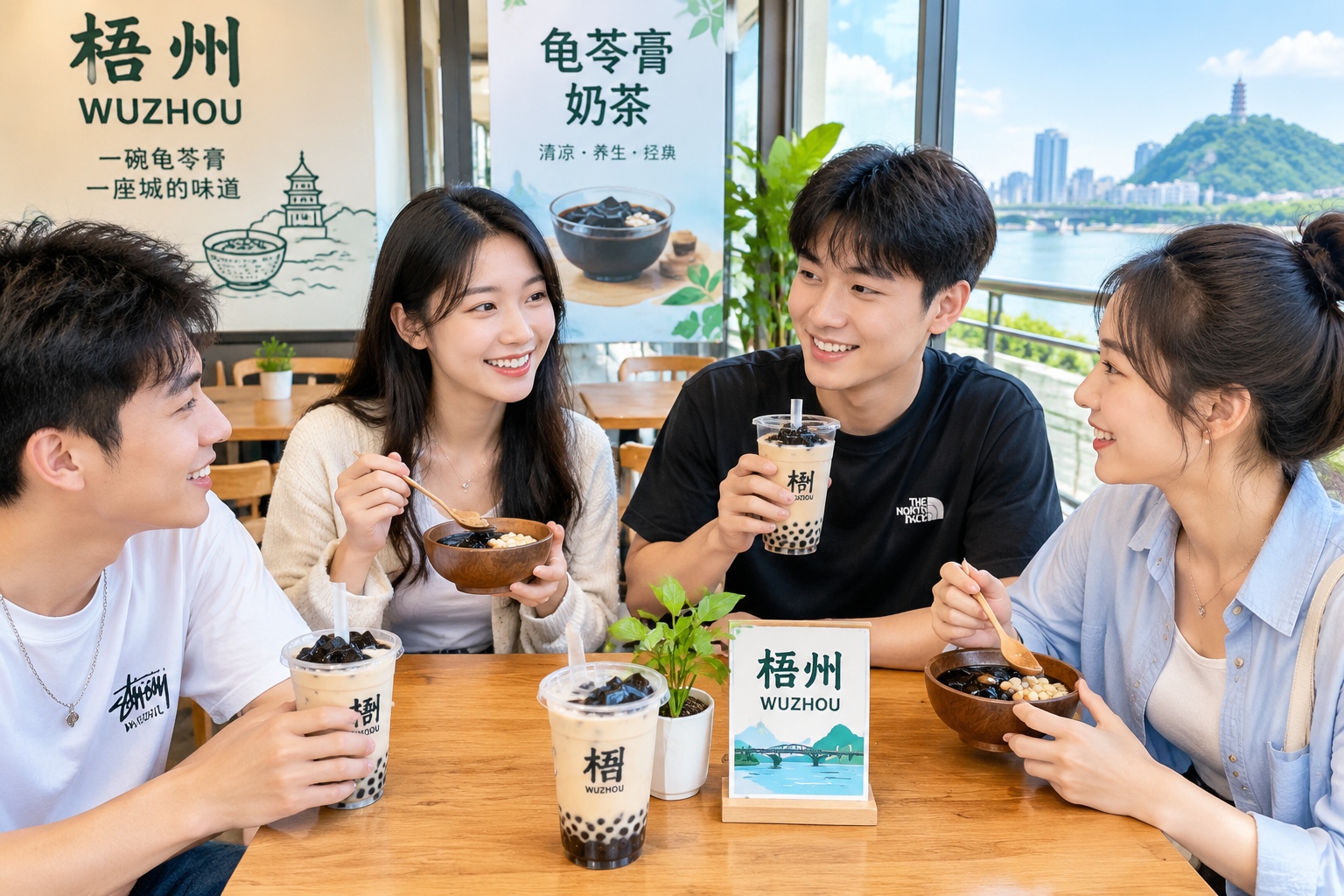 Young Chinese people enjoying modern versions of Guilinggao in a trendy cafe in Wuzhou