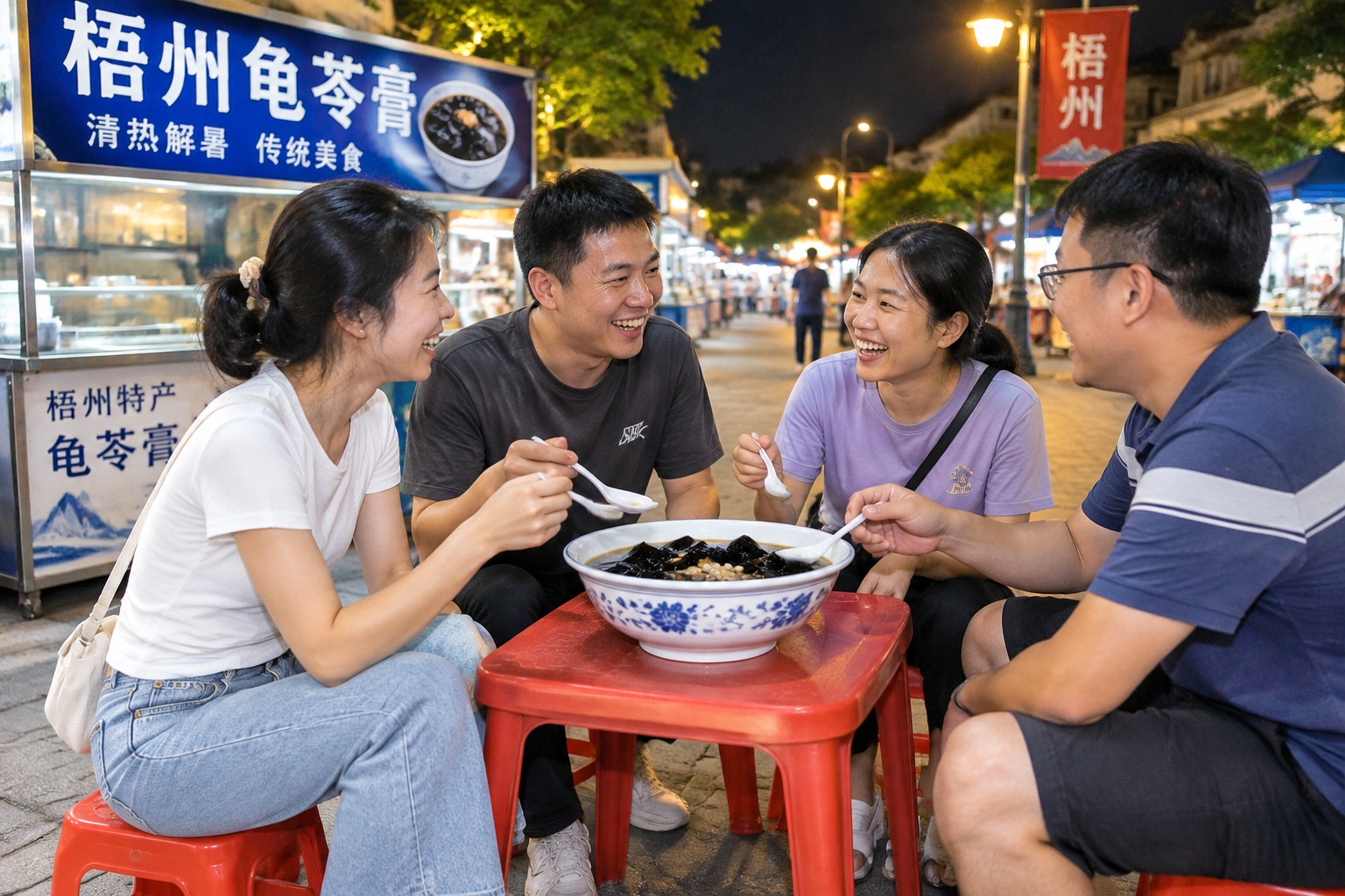 Locals sharing a bowl of Guilinggao at a night market in Wuzhou