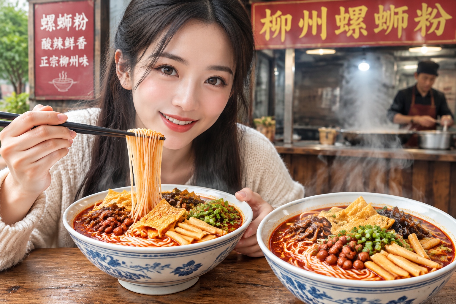 The Guangxi Food Map: 30 Flavors Beyond Guilin Rice Noodles 22 Two bowls of Liuzhou snail noodles with fermented bamboo shoots and chili oil in a night market setting