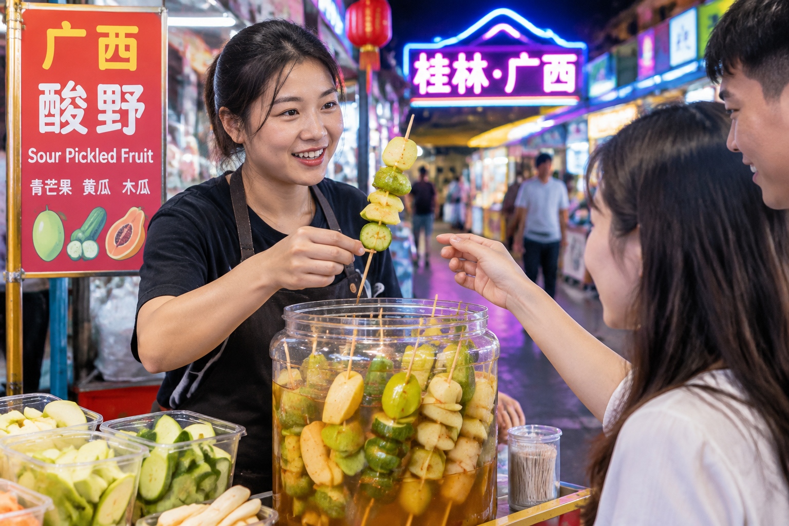 The Guangxi Food Map: 30 Flavors Beyond Guilin Rice Noodles 23 Vendor selling sour pickled fruit on sticks at a Guangxi night market