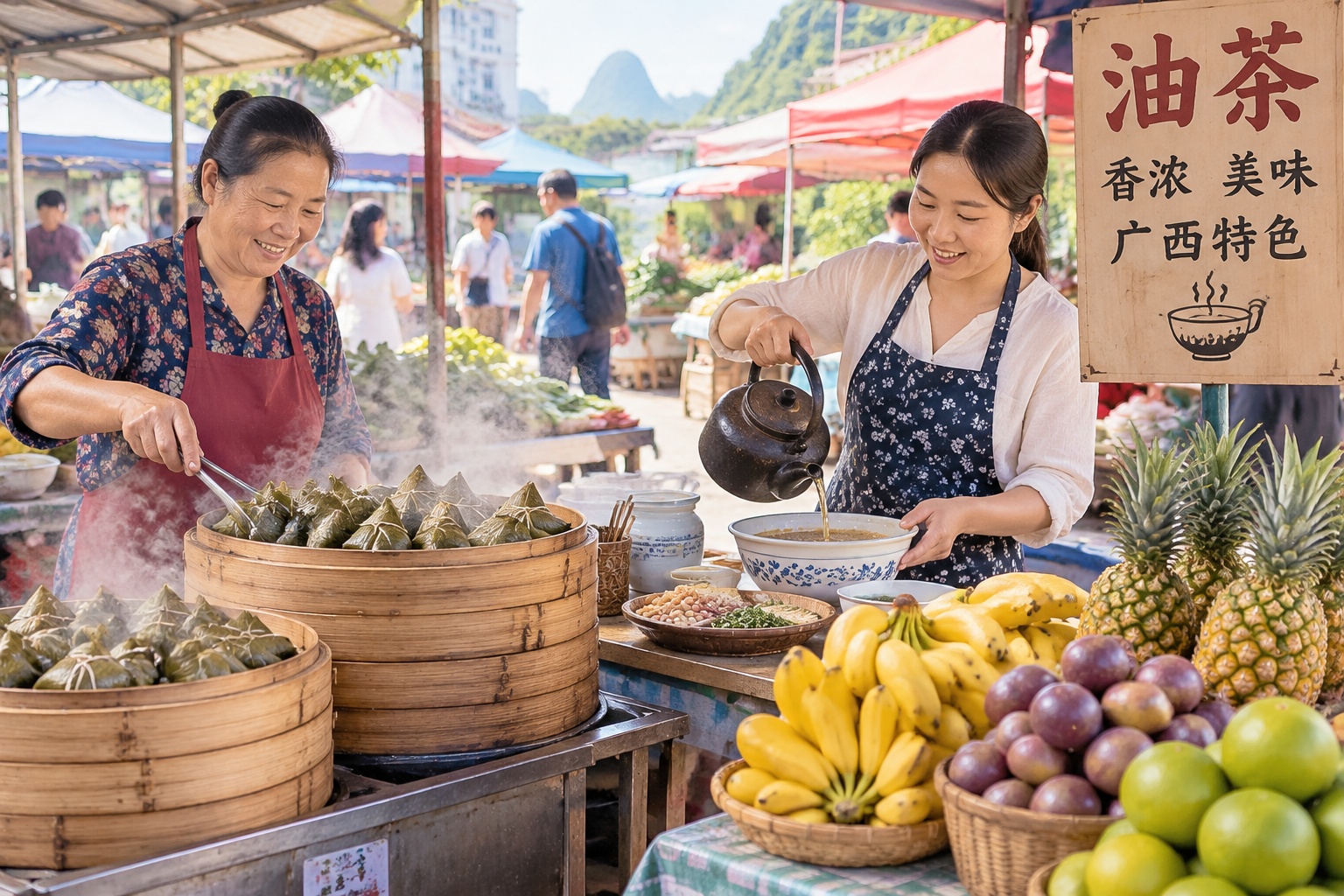 The Guangxi Food Map: 30 Flavors Beyond Guilin Rice Noodles 25 Morning market scene in Guangxi with zongzi, fruit, and oil tea being prepared