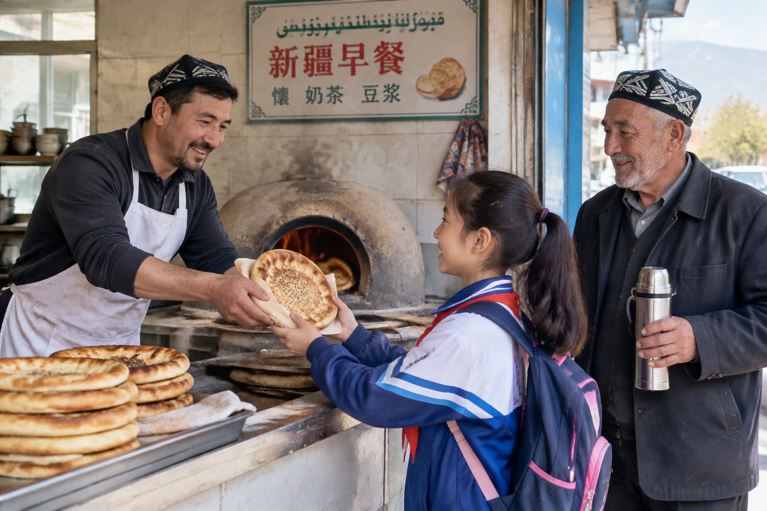 A vendor hands a hot naan to a schoolgirl at a morning breakfast stall in Xinjiang