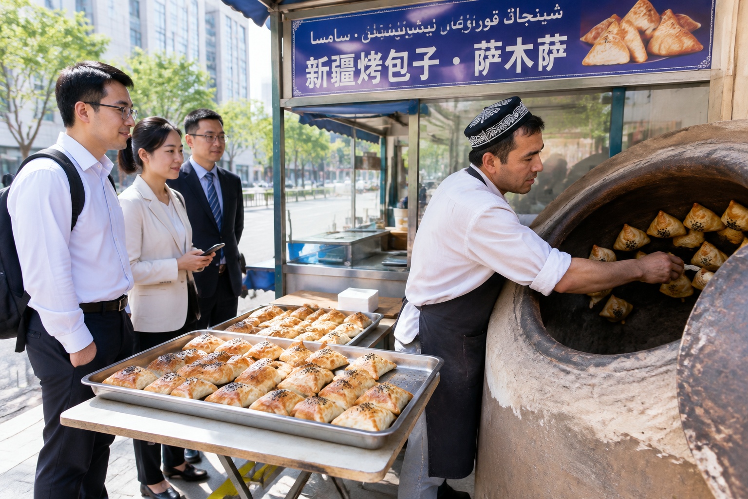 A street vendor bakes samsa meat pastries in a clay oven at a Xinjiang breakfast stall