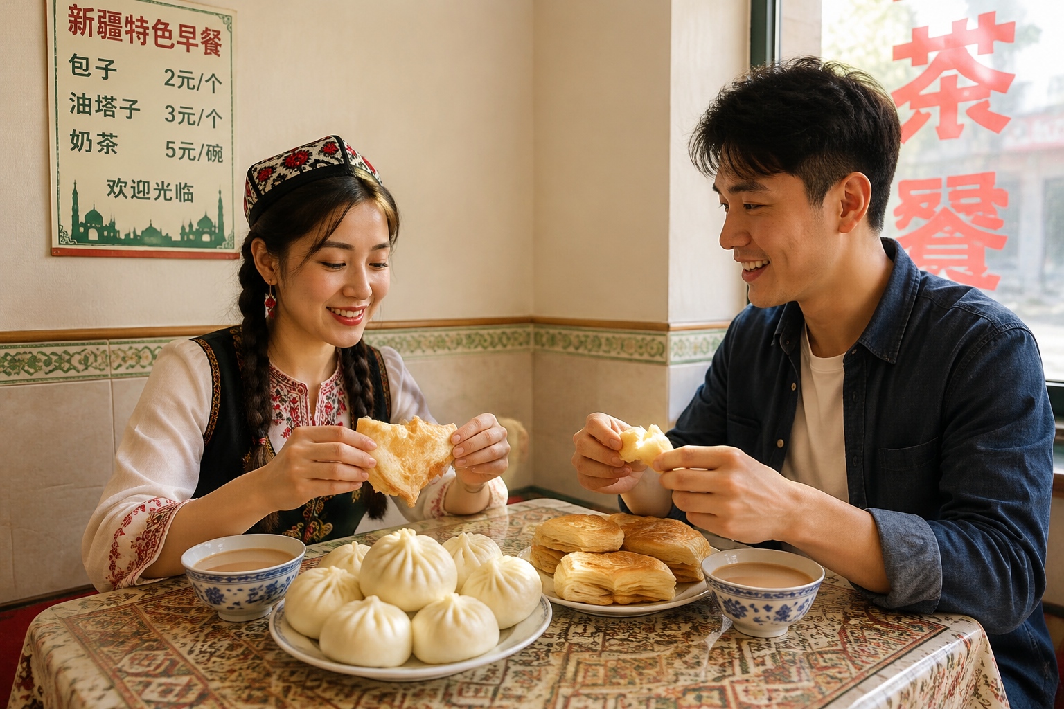 Thin-skinned steamed buns, layered pastries and milk tea on a breakfast table in Xinjiang