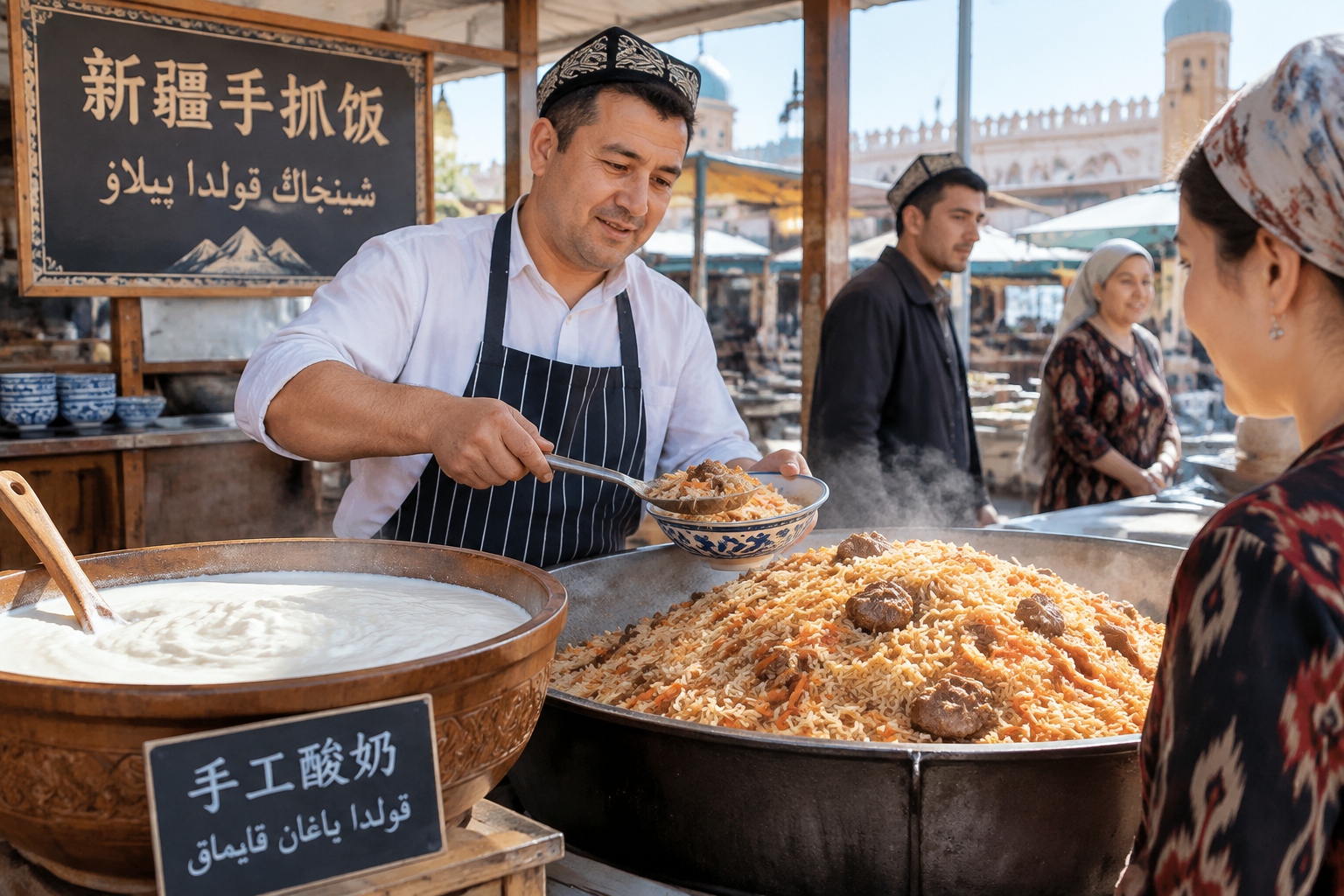 A bowl of handmade yogurt and a pot of polo rice pilaf at a Xinjiang morning food stall