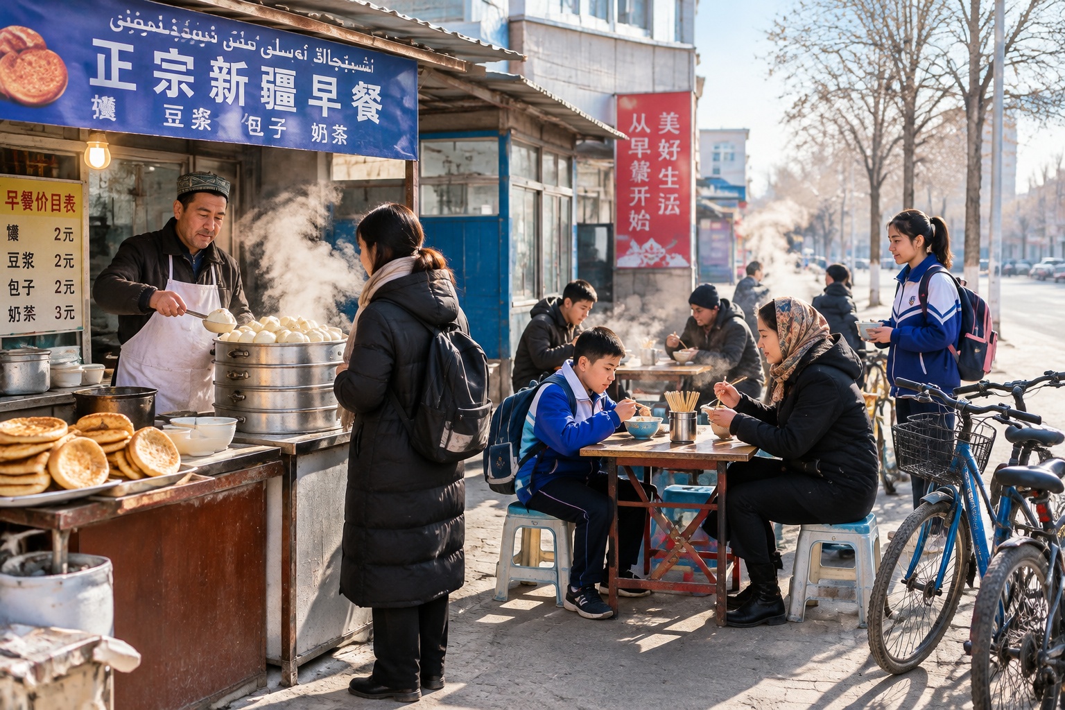 Customers eat at small breakfast stalls on a Xinjiang community street in the morning