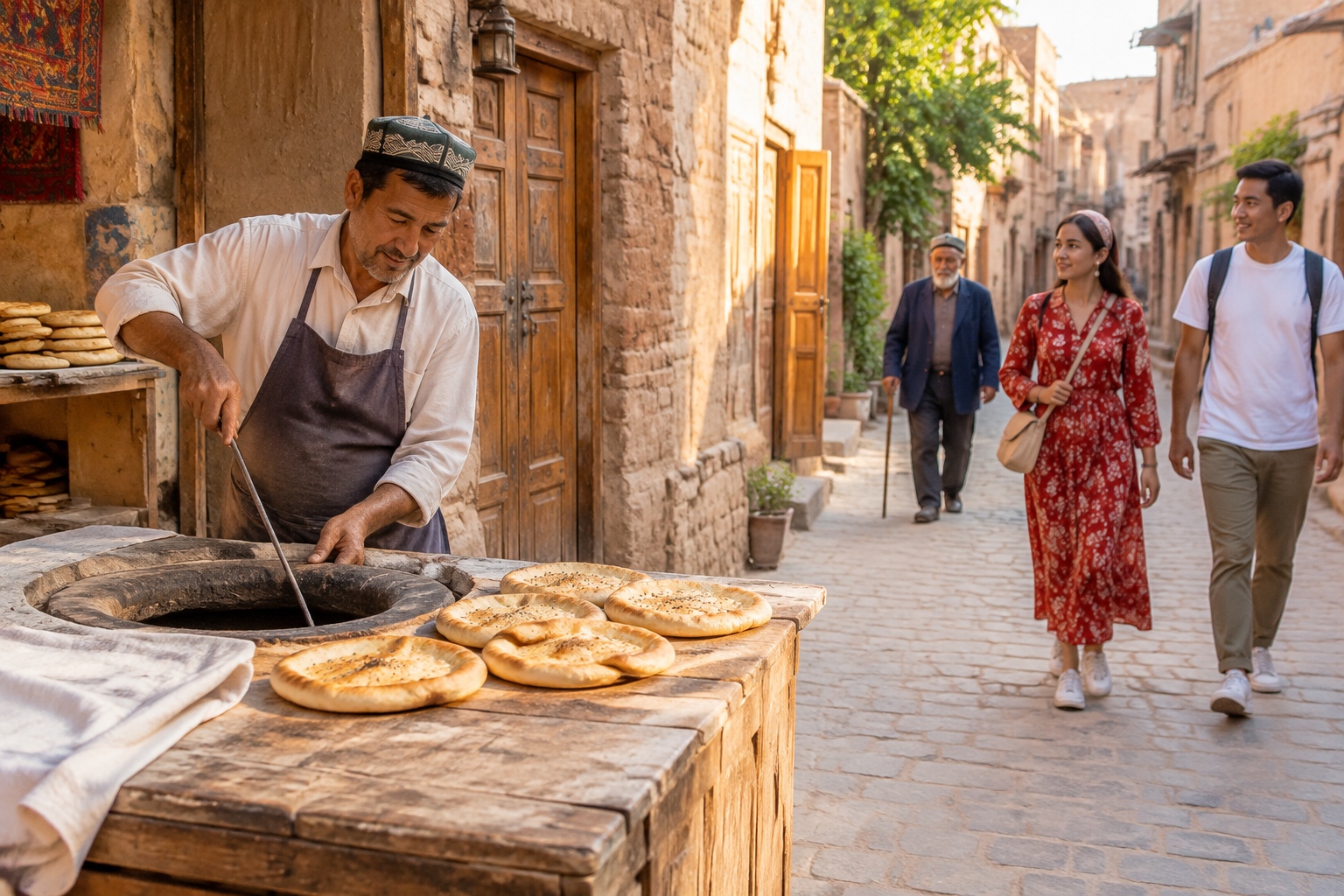 Narrow lane in Kashgar Old Town in late afternoon with a naan bakery, mud-brick walls and residents and tourists walking past