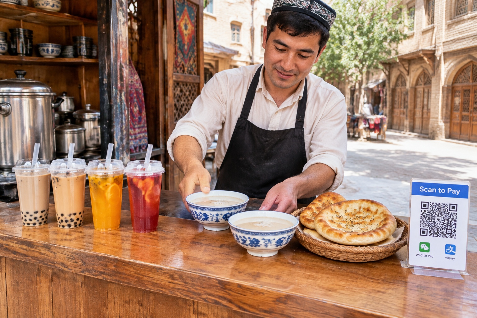 Bowls of salted milk tea beside takeaway cups of bubble tea and a mobile payment QR code on a tea shop counter in Kashgar Old Town